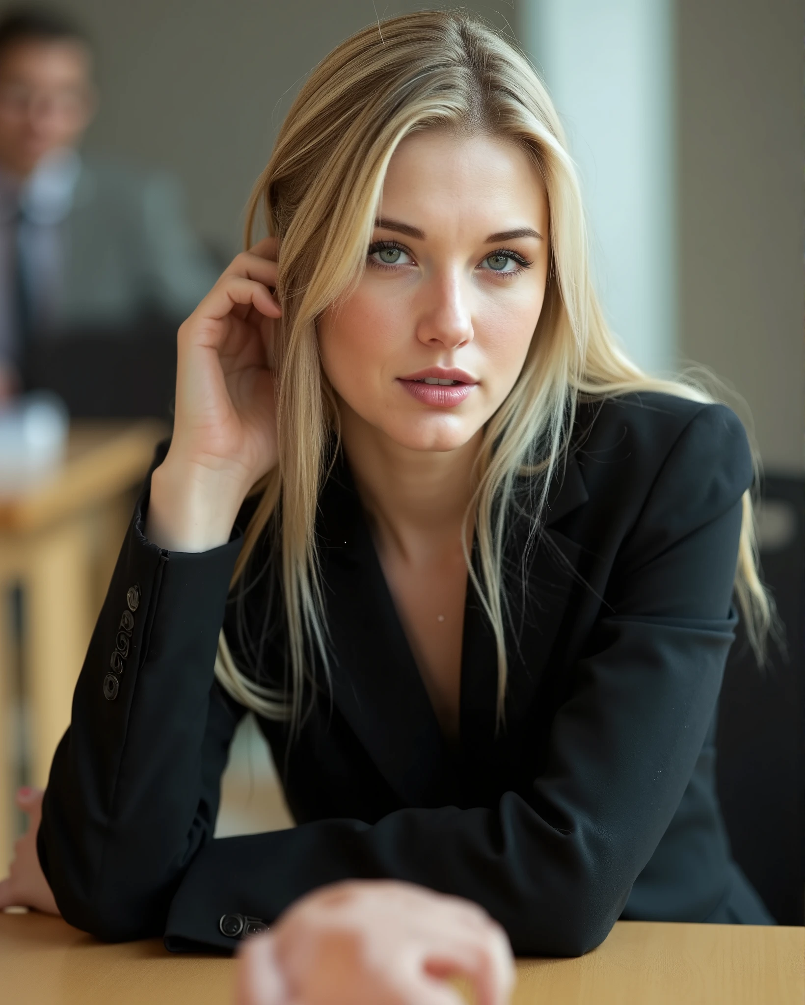 blonde light blue eye,, Alone, Aesthetic artwork , Defined tabby legs, , very pale skin ,, detailed skin, shy smile, sitting at the table , in office building, (extremely detailed), soft lighting, high quality, high detail,( natural light), women's work suit , black suit jacket , black pencil skirt