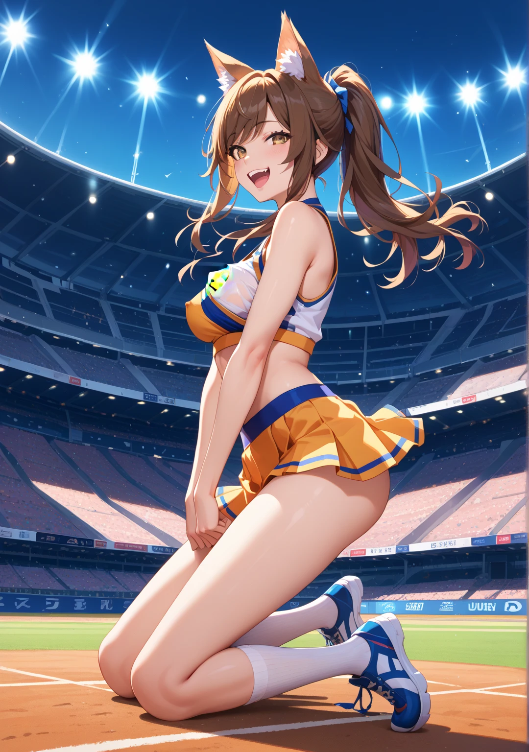 (high quality1.4), 1 girl, wiz \(konosuba\),  brown hair, long hair, (medium breasts), (erectile nipples), (((shining pink cheerleader))), (((pleated skirt))), cameltoe, anus, smile, (( arched back)), ((very bright stadium:1.4)), ((solo)), (masterpiece, best quality, 8k:1.4),