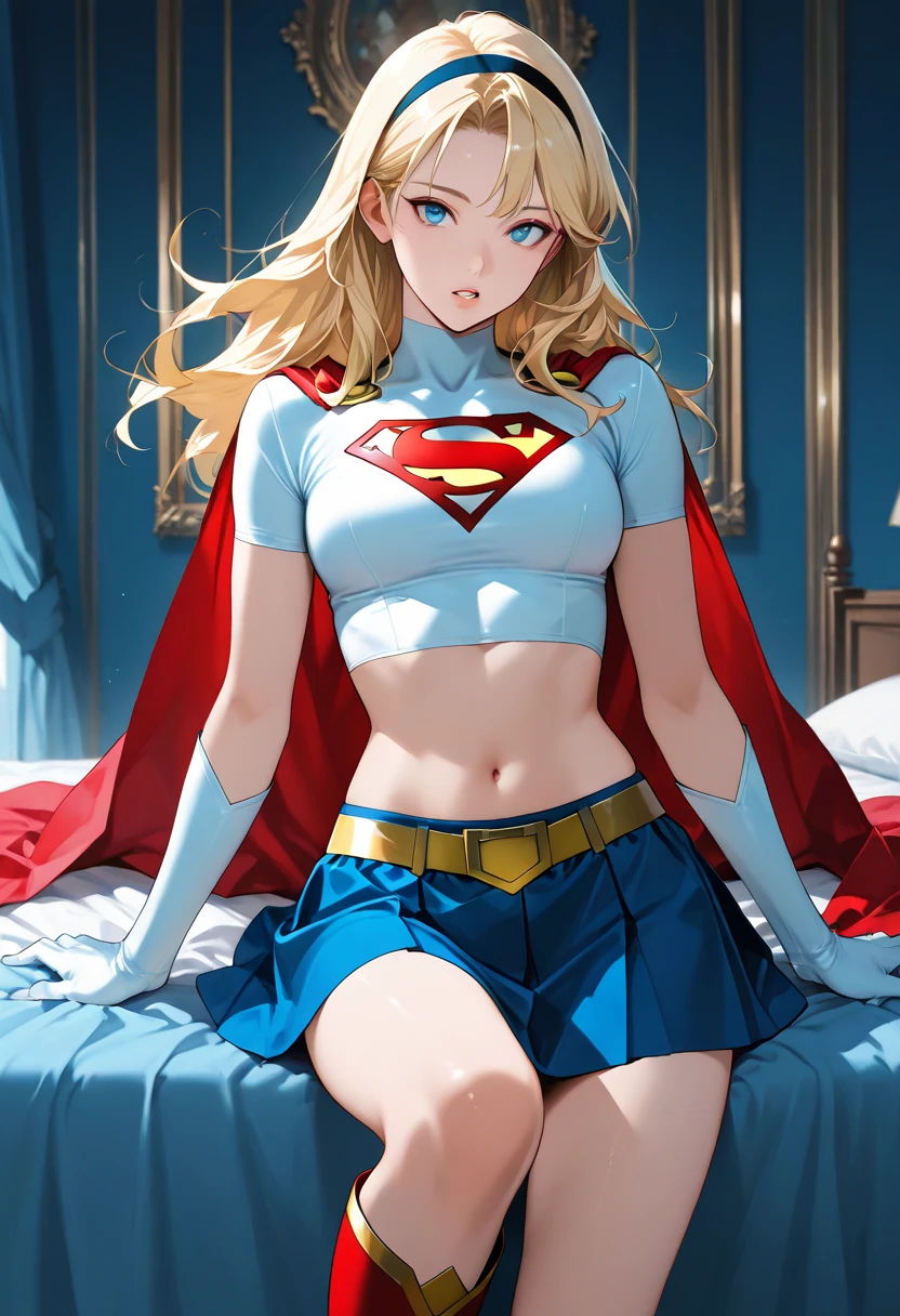 ((highest quality, masterpiece, disorganized) ，supergirl，sleeping face up in bed，Crab crotch，M-shaped legs，please show me your boots , 17 years old,long hair, hair with volume, hair loss, expressive eyes,Blue Bodysuit，red skirt，red heel boots，blue leotard，view of other buildings ,defeat，detailed description，solo 1 girl，full body shot，masturbation，Shame on you，