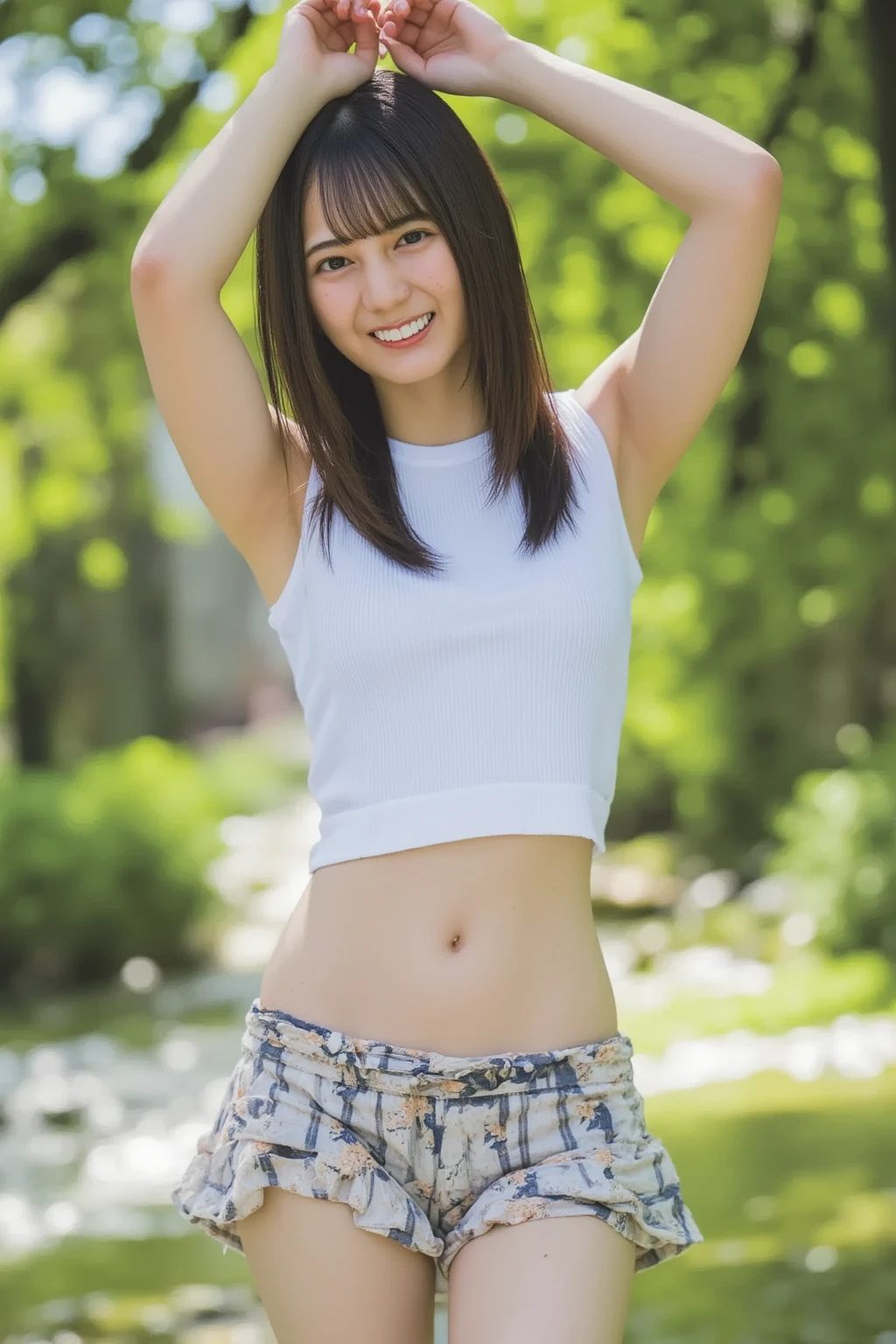 (masterpiece, highest quality:1.4), Award-winning portraits, 8k, 85mm, alone, Beautiful Face, Delicate girl, (Cheerleader、On the grass), Sophisticated, cute, , RAW Photos, Confused, High resolution, Sharp focus, Background Blur、(((flat 、thin and delicate body、Childish atmosphere)))、Glossy short bob、Mole on the left cheek、 Dark blue eyes、the skirt is swaying in the wind、Hair swaying in the wind、sexy、flexible legs、naked、Angle shot from below