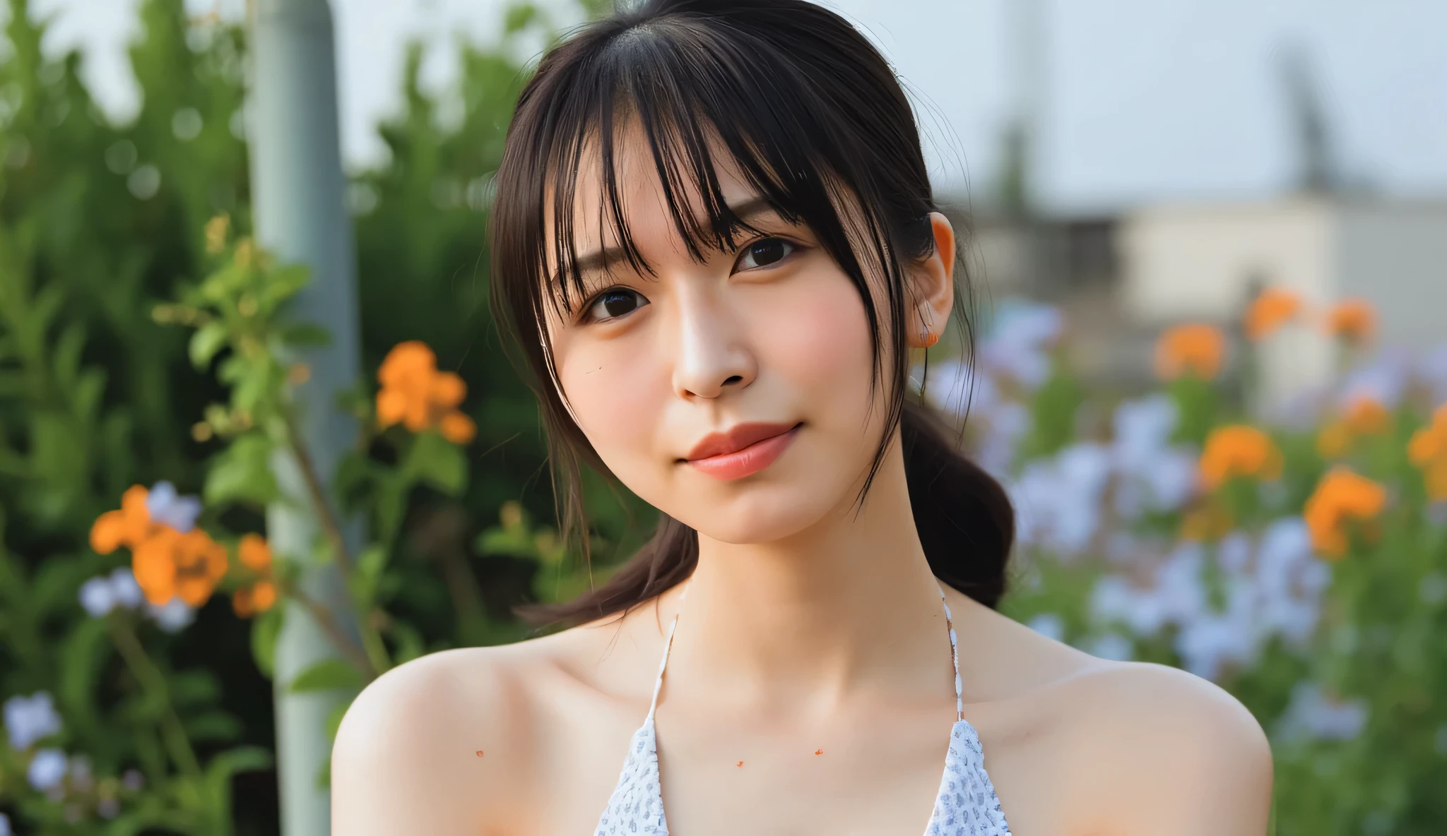 Masseter muscle area, top quality, masterpiece, high resolution, Photorealistic, unprocessed photo, 8k, flawless, Professional Lighting, 、very detailed, depth of coverage, (( viewers in the streets of Jamaica)), detailed face, beautiful eyes, ( sitting in correct posture、 Poses you can do : sit facing forward ), shaped small breasts, ( sexy expression),