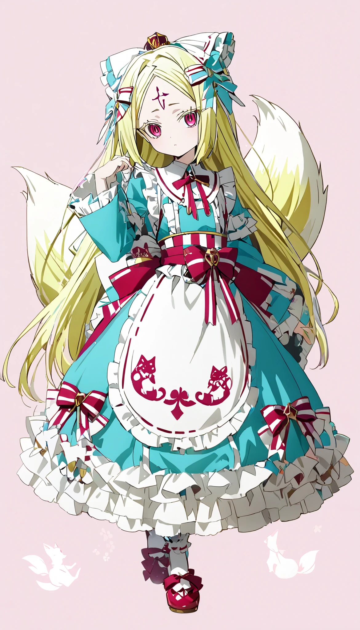 (((Highest Quality))), (Simple background), 1girl, fullbody, standing, long hair, morino korisu, nero alice, blonde hair, long hair, sidelocks, parted bangs, ruby eyes, blonde eyelashes, flat chest, forehead marking, white fox, fox tail, ta fashion, lots of frills, kimono, alice in wonderland