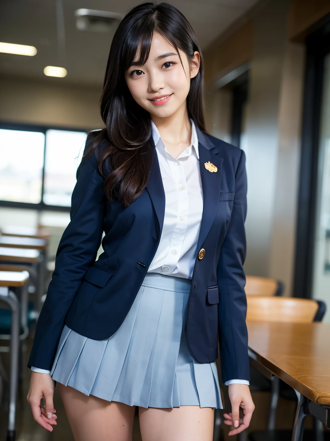 Very detailed expression, RAW shooting, photorealistic, beautiful details of beauty and delicate expression, ((panties visible)) (squat pants shot) eyelashes, beautiful detailed eyes, super definition, high resolution, super beautiful, top quality , Masterpiece, (Japanese girls' high school uniform), Spectacular, Fine detail, Beautiful face, 23 year old girl, ((dynamic pose)), (Sitting cross-legged, bending knees), ((pleated skirt)), ((blazer)), sexy top