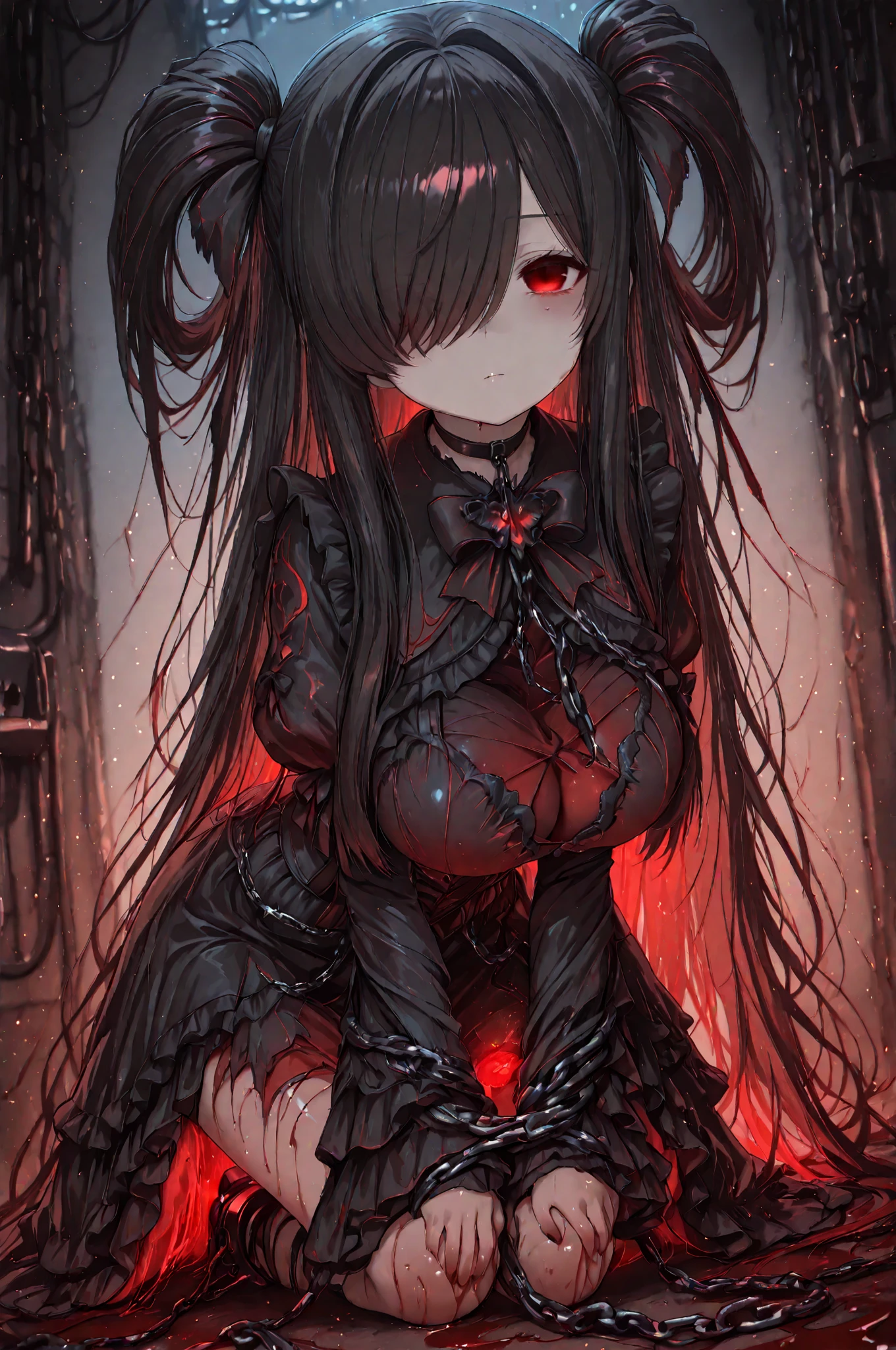 a woman in a red dress surrounded by skulls, concept art, by Yang J, gothic art, ((chains)), guweiz, detailed fanart, portrait gapmoe yandere grimdark, demon woman, blind, but the armor covers her face, of dark, no faces, trending on cgstation, detailed key anime art, sakimi, anime artwork