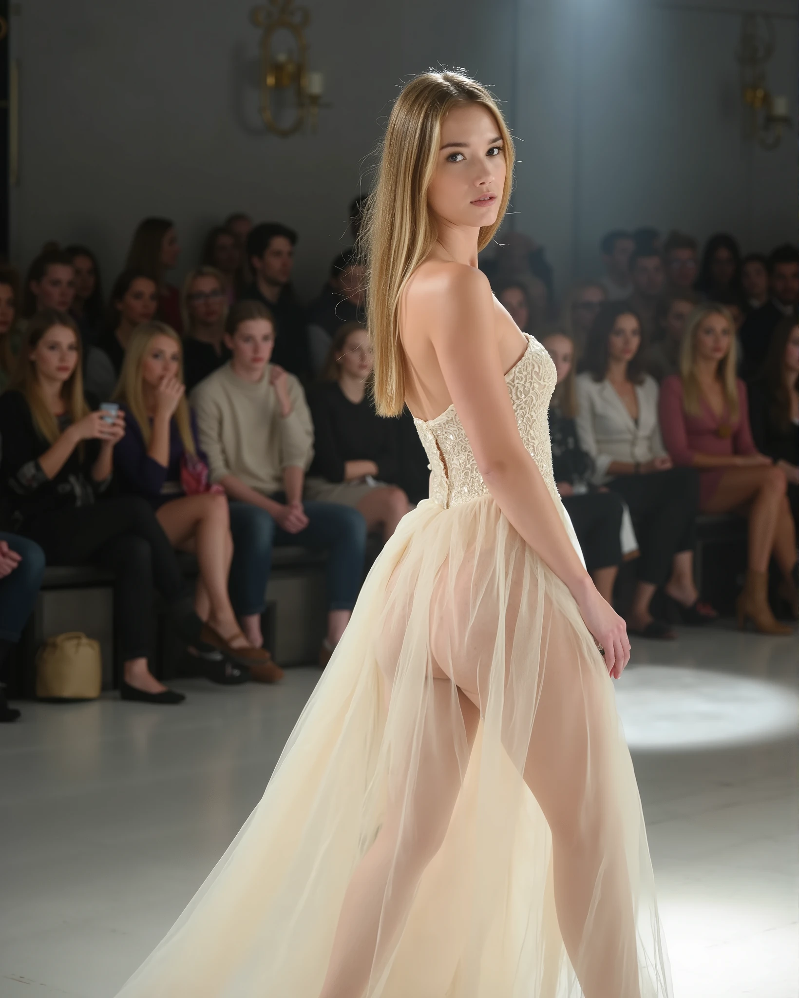 Crowdedе место, Street, Road, boulevard, boutiques, naked 28 years old blonde, boots, stockings, bridal veil, very shy, many people, Crowded, audience, legs to the sides, vagina, clitoris, people look at it in delight