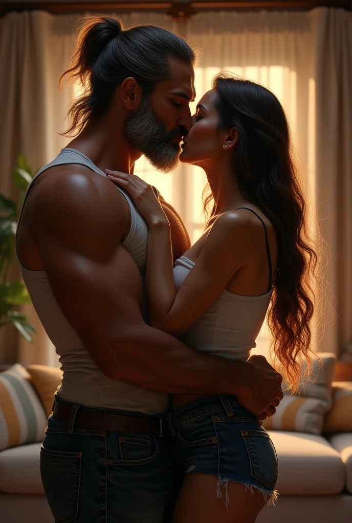 A petit, delicate woman with long black hair, being held by a tall and muscular man. In a kitchen.