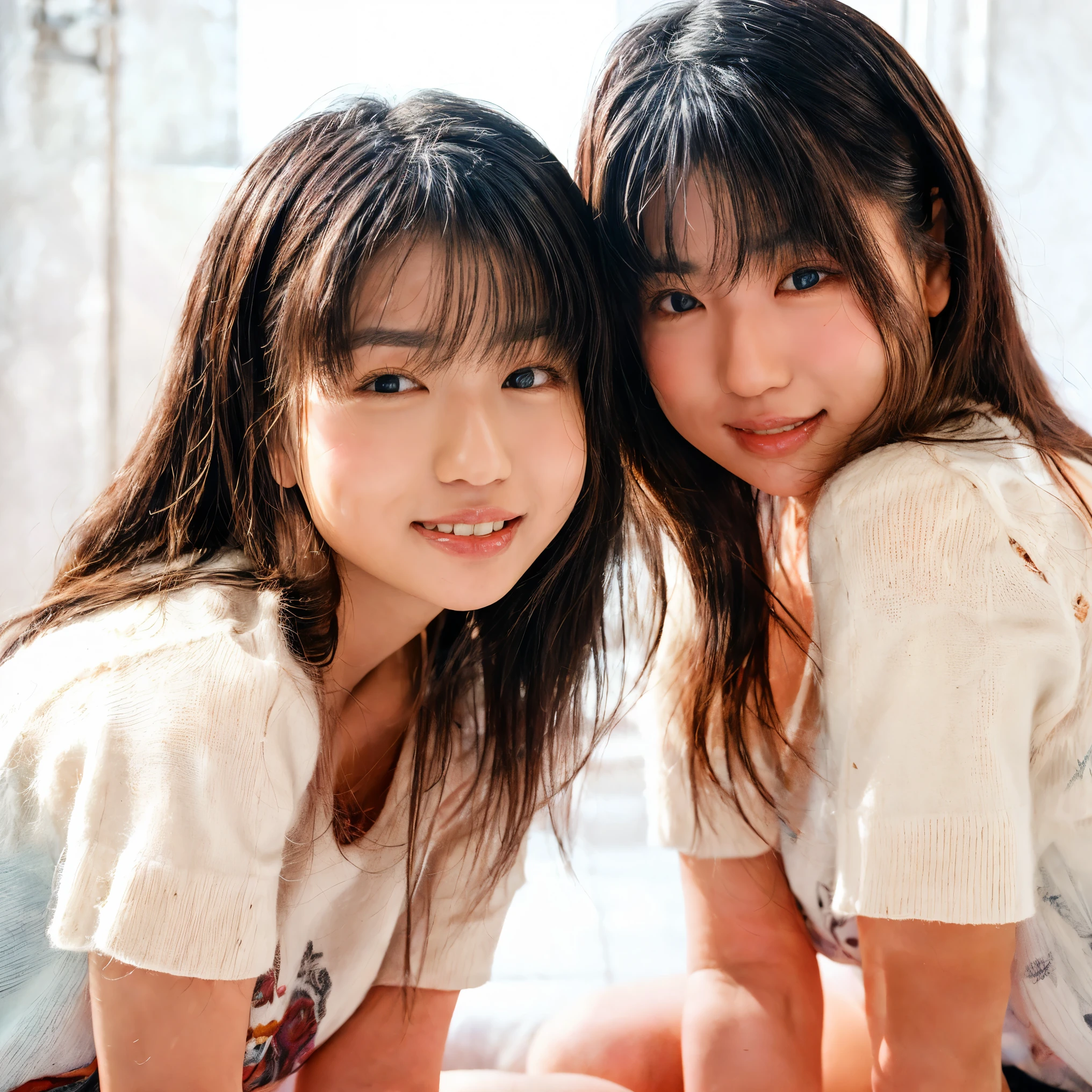 “A hyper-detailed, high-resolution digital portrait of Japanese identical twin sisters posing in a professional photo studio with a pure white backdrop. Dressed in matching crisp white T-shirts and light-washed denim jeans, their natural beauty shines through as they exchange warm, genuine smiles. Their expressive eyes glisten under the soft, even studio lighting, capturing the fine texture of their smooth skin, the subtle curve of their lips, and the delicate strands of their perfectly styled hair. One twin playfully tucks her hair behind her ear, while the other tilts her head slightly, exuding effortless charm.”