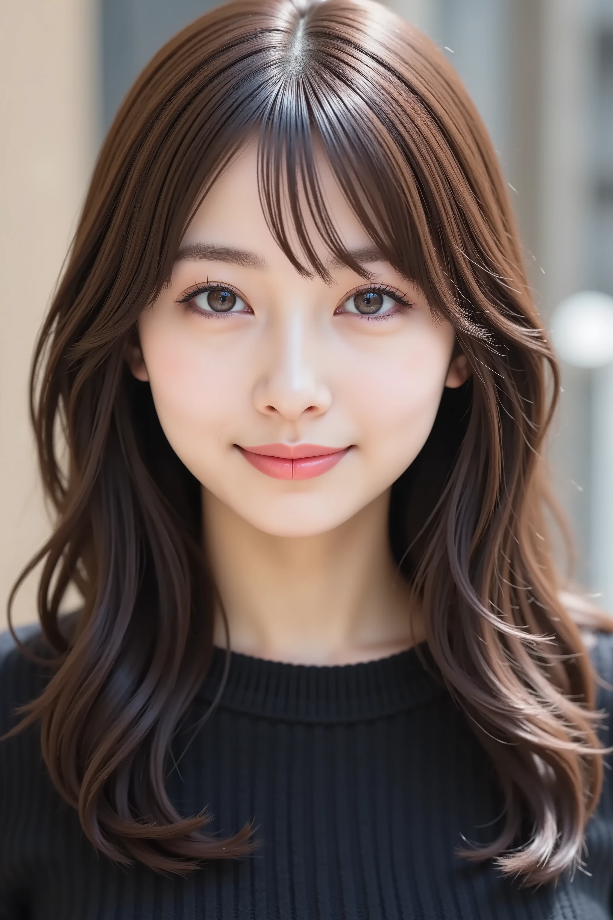 The face is positioned exactly in the center of the image , , the entire head is fully reflected , Face clearly visible、 black sweater, car, long hair、bungs, smile, young and cute japanese face , Official Art, high quality CG Unity 8k wallpaper,Ultra high quality , very well detailed, high quality , FILM GRAIN , lens flare glow , top quality ,8k, The entire head is fully reflected as a portrait shot ,8k, viewer , masterpiece,top quality ,very well detailed, it's cute ,sexy,very well detailedな,detailware features ,beautiful, illustration , beautiful Japanese woman, ladies 1 , Tight Chest