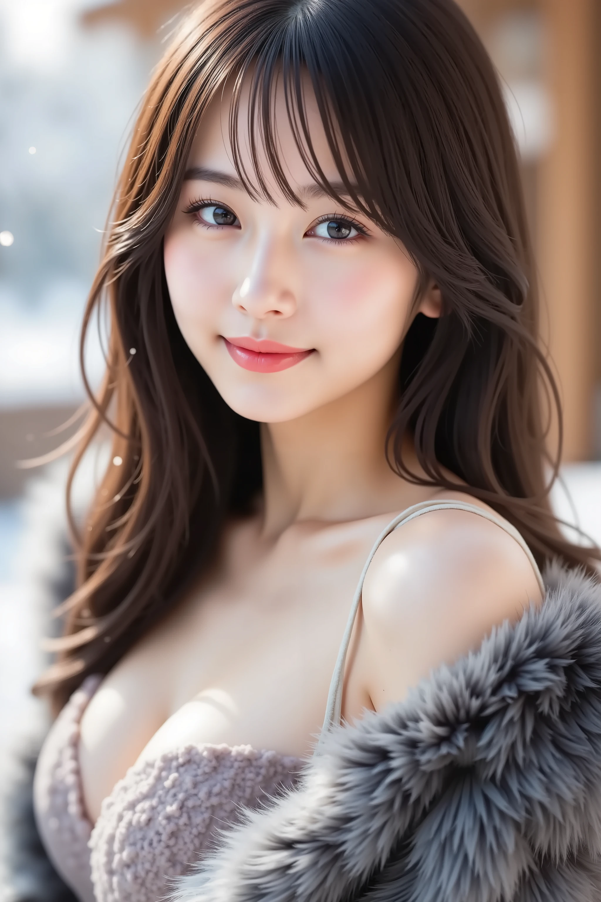 (table top、highest quality、8K、Award-winning work、ultra high resolution)、one beautiful woman、(An elegant fur coat:1.2)、(A lot of fluffy fur:1.3)、(close up of face:1.1)、perfect fit、brown hair、epic movie lighting、(very big breasts:1.2)、(cleavage:1.1)、(Accentuate your body lines:1.1)、(glamorous body:1.1)、(The most romantic and moody atmosphere:1.1)、winter、(snow scene:1.1)、It's snowing、(Walking in the snow in Northern Europe:1.2)、look at me、blurred background、accurate anatomy、Ultra HD Hair、ultra high resolutionの完璧な美しい歯、Ultra-high definition beauty face、Ultra HD Hair、ultra high resolutionの輝く瞳、輝くultra high resolutionの美肌、ultra high resolutionの艶やかな唇、(close up of face:1.1)