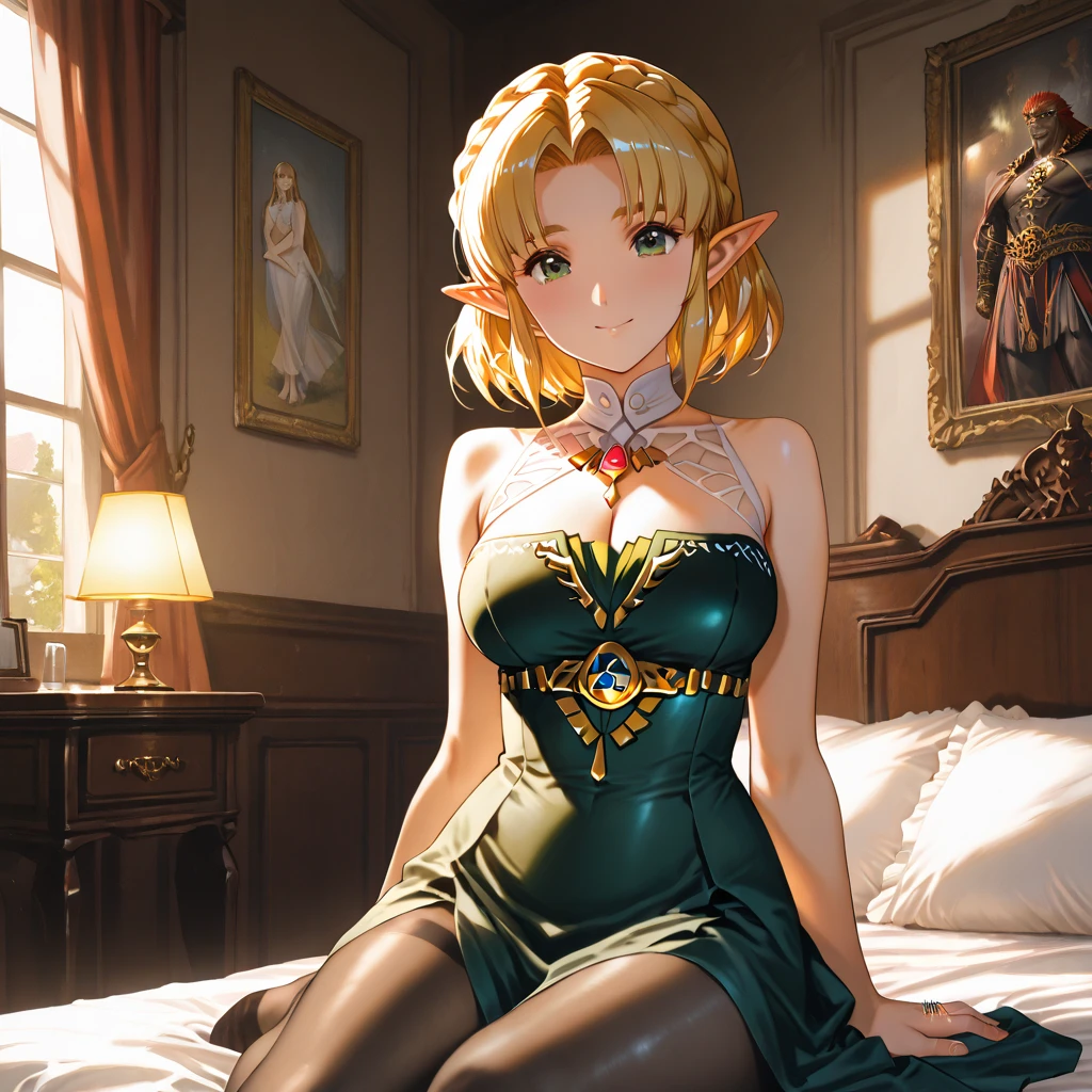 (1Girl, Elf, Short blonde hair, green eyes, ((sexy)), wearing medieval clothes, corset, medieval, beautiful, in a bedroom),