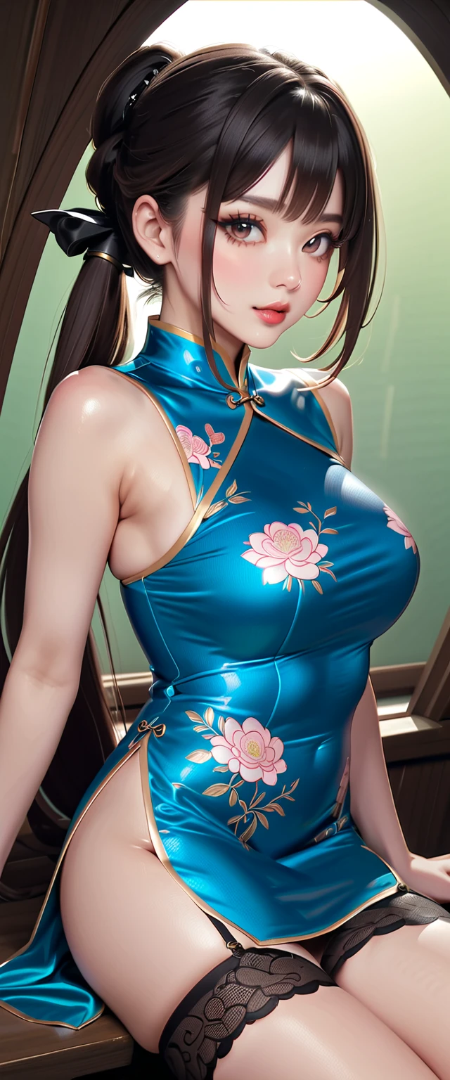 (masterpiece,highest quality,超A high resolution),japanese woman, (((Very beautiful 25 year gyaru))), pretty girl、look at the photographer､  ((beautiful low ponytail)), super cute face, glossy lips, double eyelids in both eyes,natural smile、 natural makeup, long eyelashes, Shiny and smooth hair､center image,  perfect limbs, perfect anatomy,(((shiny cheongsam dress)))、(((turn around and look back)),