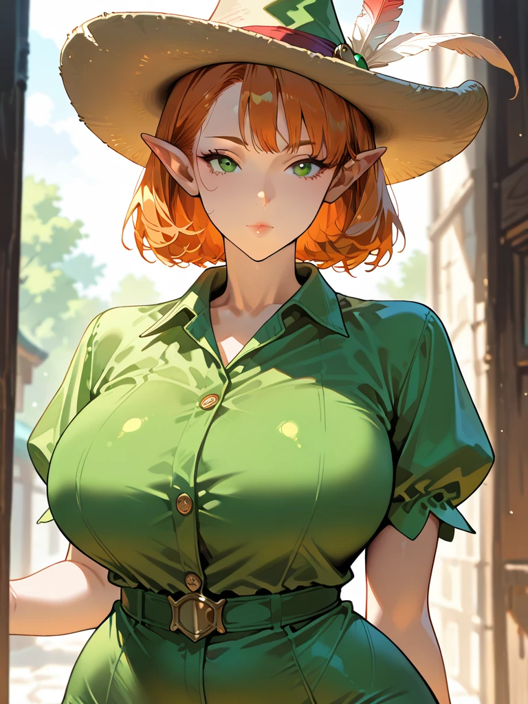 magazine cover, glasses, redhead, green lingerie, sexy pose, big breasts, smile, green witch hat, short hair