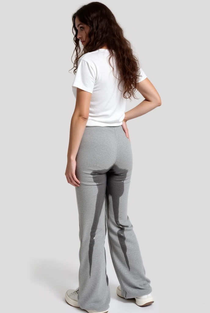 Pee scared, whole body, young japanese woman, white t-shirt: 1.2, pajama pants: 1.2, pee stain:1.2, pee:1.2 pee pants:1.2, pee skirt:1.2, wet patch,