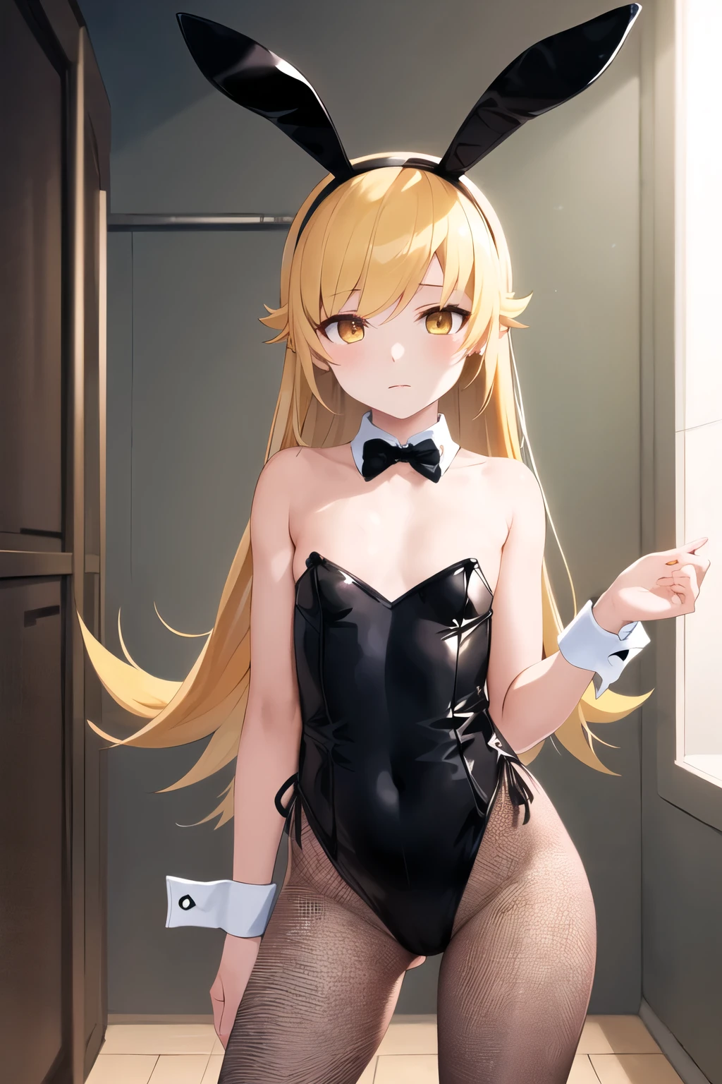 masterpiece, Highest quality, High resolution, (oshino shinobu), petite, Dilapidated, Long Hair, Pointed Ears, (flat chest), (fake rabbit ears), (black enamel playboy bunny:1.5), (Fishnet tights), Expressionless, Are standing, Cowboy Shot, Remains, indoor,