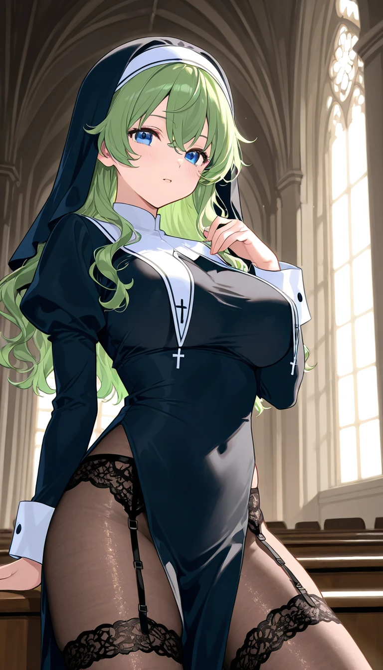 1girls, a green hair, Round eyes, green eyes, Nice series., Slender Face, Kale, Normal breasts, View from the side, Lift up your skirt.., Seated,  Can see pussy, ((Spread the pussy until the vagina is visible..))