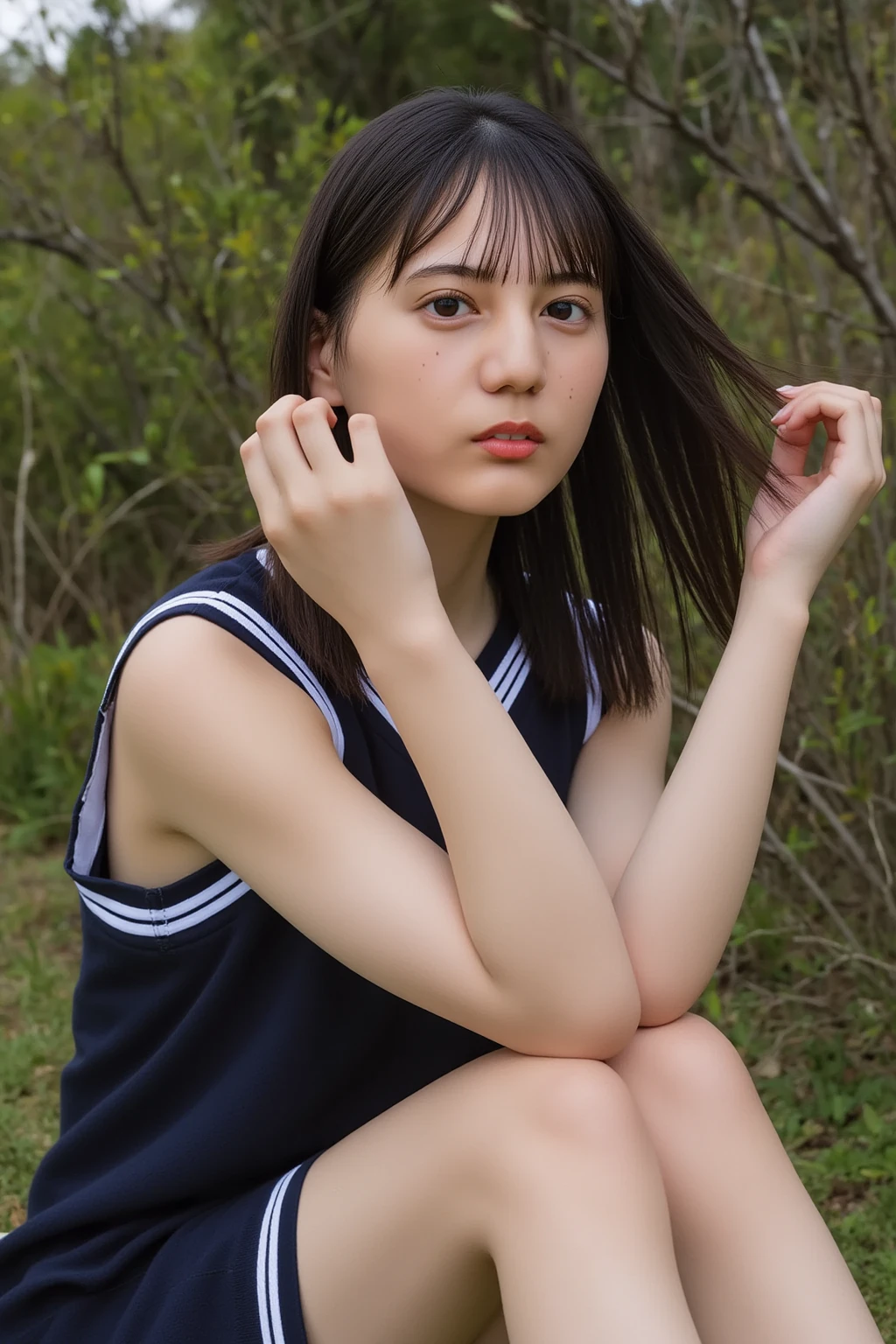 1 Female,((One girl)),((16 years:1)), cowboy_shot,(from_front:1.5),Eye of the worm,squat,自分のfeetを抱きしめる, On the grass,10 generations, Very young,純真なbeautiful少女たち, Idol's face, Delicate girl:1,feet,knees,(elegant_Sandals:1),(Tunic blouse:1.0), (Ruffled tops:1.0), (trainer:1),(cardigan:1),Sleeves are longer than the wrist, overly too long sleeves, (denim_skirt:1.3),at the park,(knees_Away:0.8),(skirtの中from見えるおまんこの割れ目), (Camel Toe:1), (Young pussy:0.8), masterpiece, Highest quality, 8K,(beautiful_skin:1),Detailed face,Smooth bristles, Glowing black eyes,Sparkling eyes,Childish,RAW Photos, Professional Lighting, Film Grain, chromatic aberration,Expressionless, (Small eyes and face:1.0), (Bokeh:1.1),School Bags