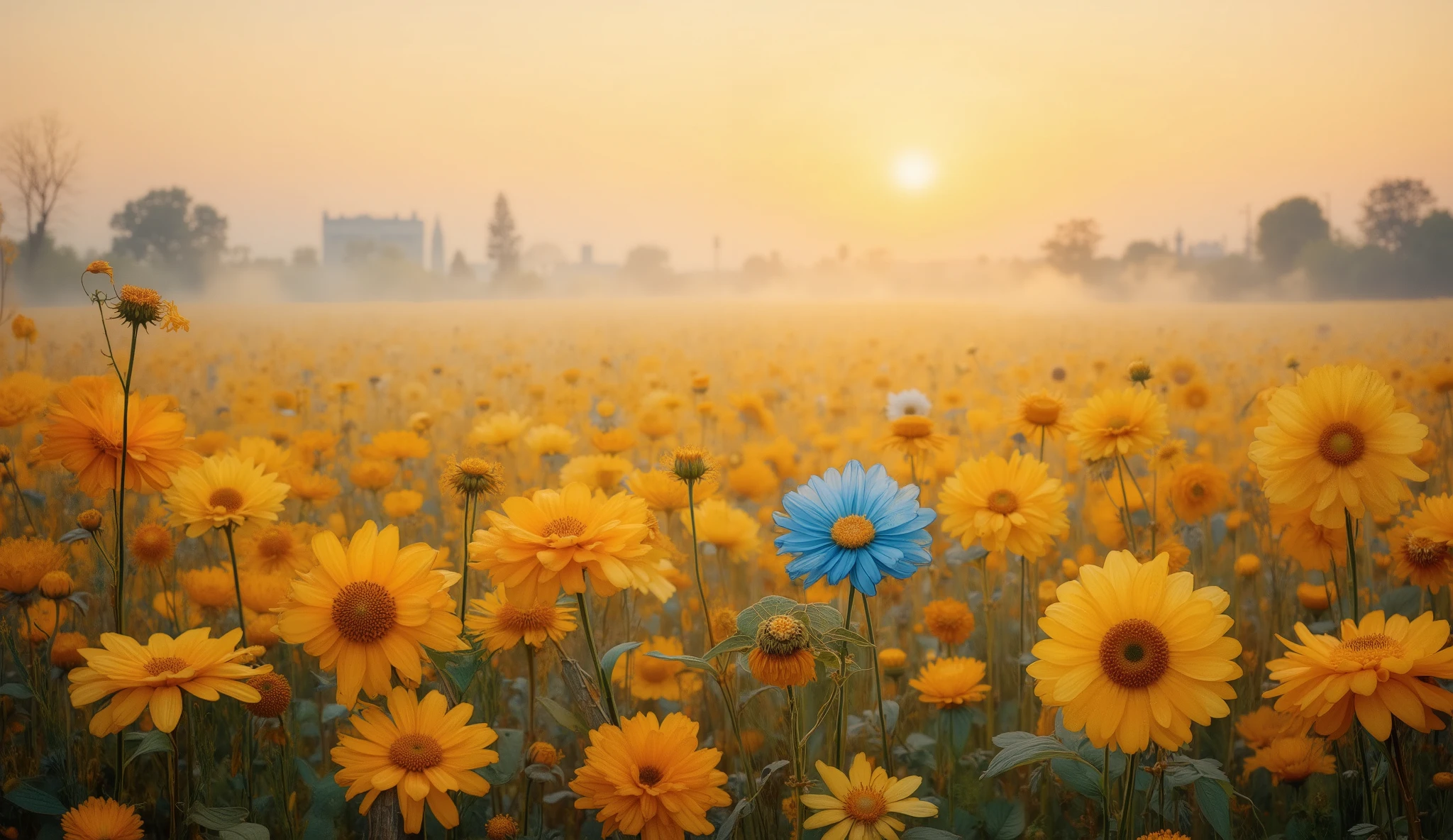 A sprawling field of golden yellow flowers under a pastel sunset sky, with a vivid blue flower in the middle glowing brightly, the petals of all flowers gently illuminated as if radiating inner light, slight mist above the field adding softness, cinematic composition with a balanced depth of field, calm and reflective atmosphere.