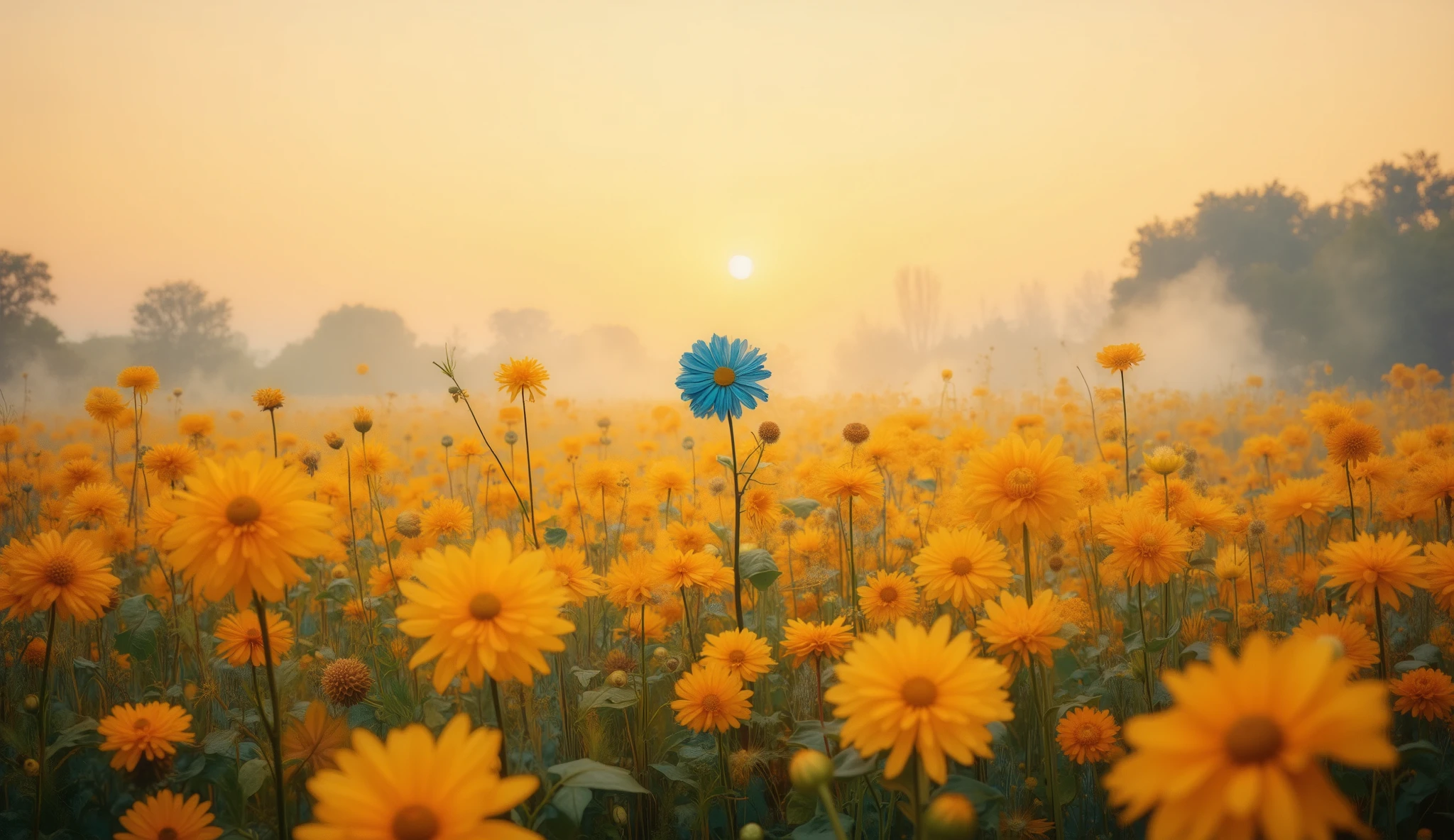 A sprawling field of golden yellow flowers under a pastel sunset sky, with a vivid blue flower in the middle glowing brightly, the petals of all flowers gently illuminated as if radiating inner light, slight mist above the field adding softness, cinematic composition with a balanced depth of field, calm and reflective atmosphere.