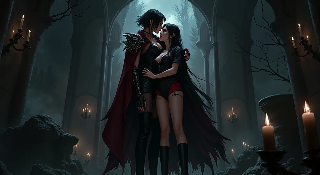 Vampira slaying a man in anime style, dressed as a Murim martial artist with a katana and golden eyes. 