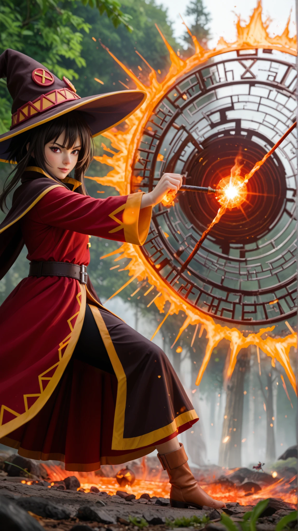 A hyper-realistic, cinematic portrayal of Megumin from Konosuba, performing a powerful explosion spell in an intense battle stance. She wears her iconic dark red wizard robe with golden trims, black cape billowing dramatically, and large wizard hat adorned with red cross emblems. Her left eye is covered by a black eyepatch, while her right eye glows with fierce determination. Her dark brown hair flows wildly, framing her focused expression as she grips her enchanted wooden staff, from which a massive fiery magic circle emerges, radiating intricate glowing runes and swirling infernal energy. The ground beneath her cracks, molten embers rising from the sheer force of her spell, casting a brilliant orange and red glow on her pale skin and wizard attire. In the background, a dense forest is illuminated by the explosion’s flames, with shadows dancing between the trees. The cinematic lighting captures the intensity of the moment, enhancing the realistic textures of her clothing, skin, and magical aura. Shot with a Canon EOS R5, 50mm f/1.2 lens, utilizing dynamic composition and a low-angle perspective to emphasize the epic scale and power of her attack. --ar 16:9 --v 6 --style raw --q 2 --stylize 900 --chaos 25