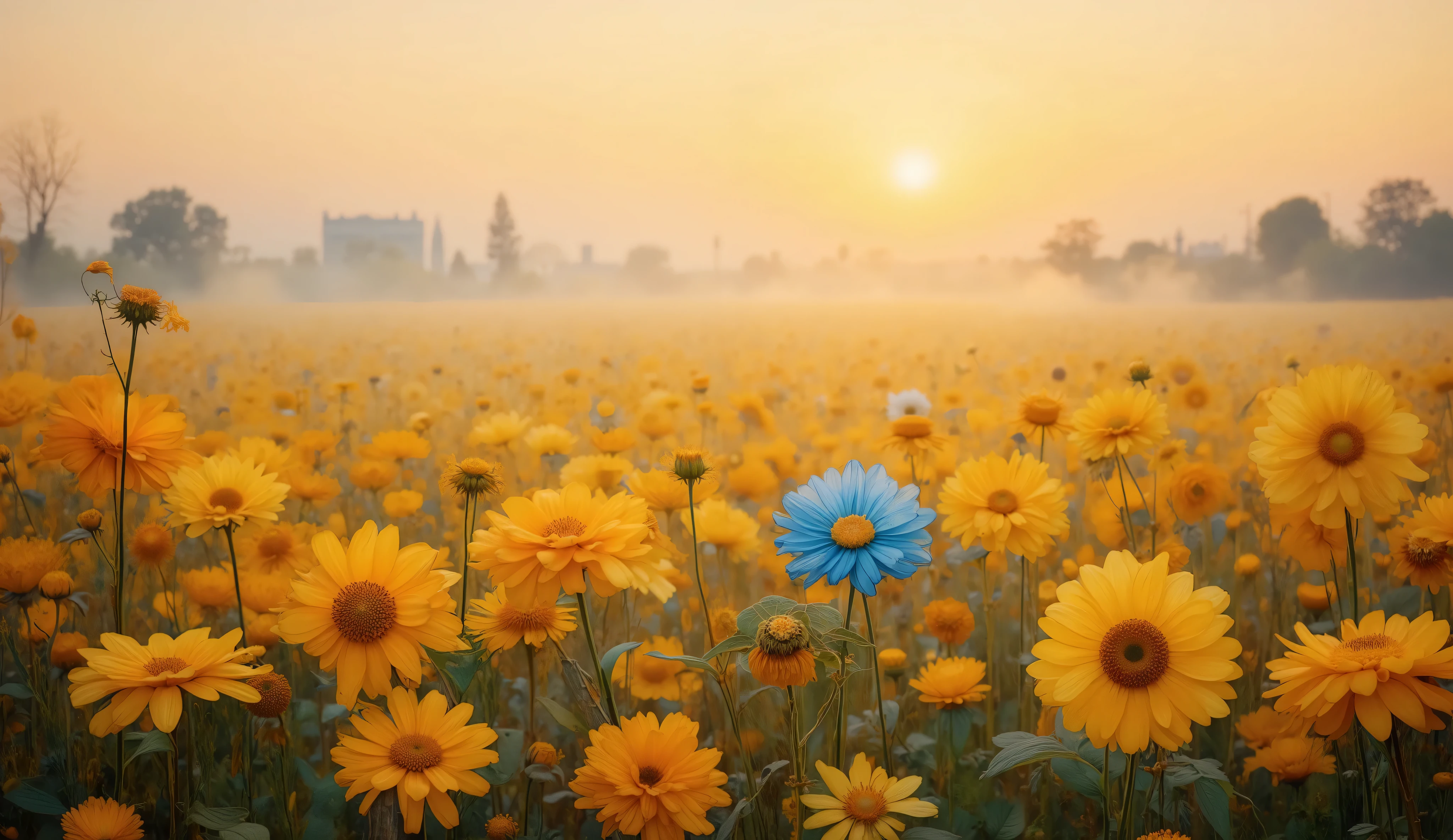 A sprawling field of golden yellow flowers under a pastel sunset sky, with a vivid blue flower in the middle glowing brightly, the petals of all flowers gently illuminated as if radiating inner light, slight mist above the field adding softness, cinematic composition with a balanced depth of field, calm and reflective atmosphere.