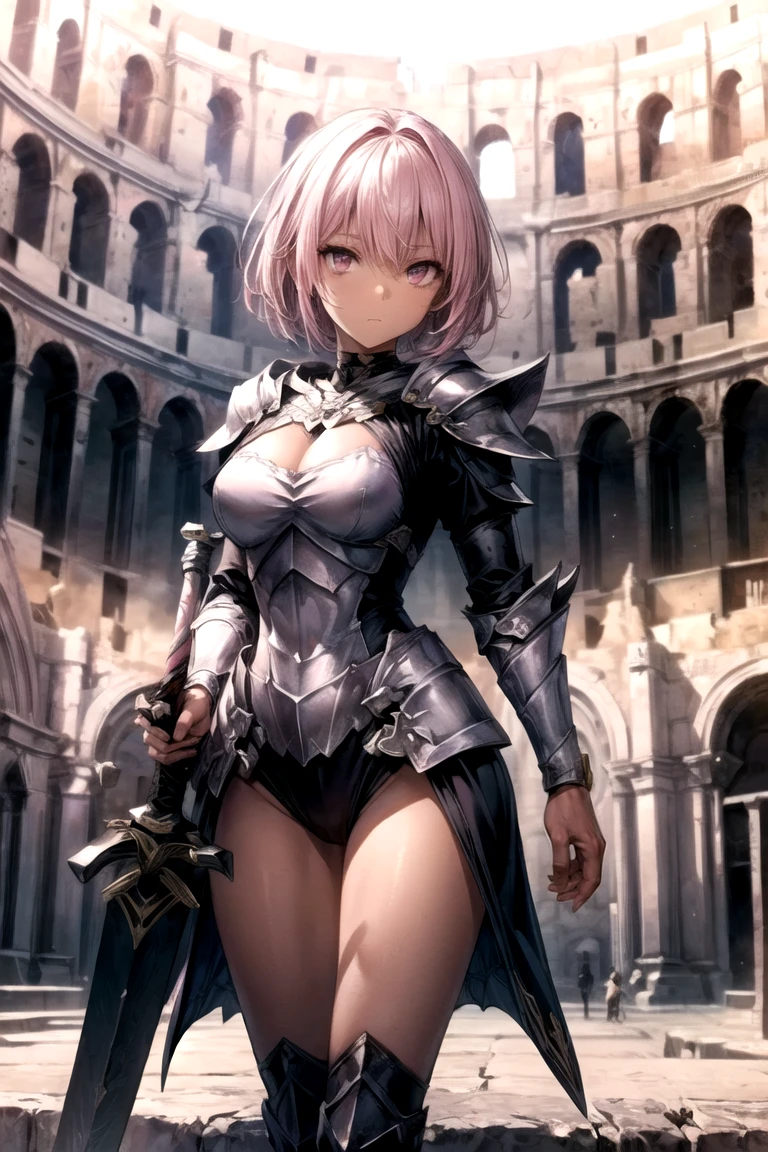 ((Beautiful woman wearing an executioner costume)), break, sexy, skindentation, ((highest quality)), ((masterpiece)), (familiar), perfect face, 8k , break, short hair, ((pink hair)), bob cut, black eye, beautiful princess, (smile), metallic costume, medium breasts, (dynamic pose), ((visible nipples)), camel toe, sexy, ((Holds the scythe of death)),