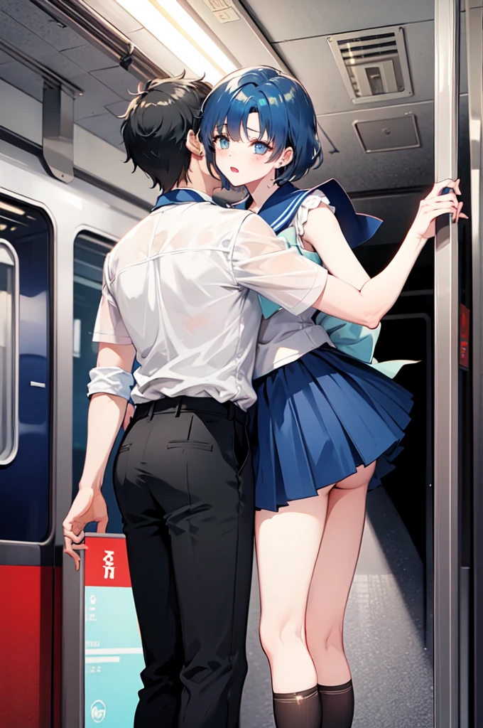 NSFW,masterpiece,Highest quality,High resolution,Super detailed,Sinon\(Sword Art Online\),Glasses,shirt,Frilled mini skirt,pantyhose,underwear,Embarrassed,Estrus,Lust,patience,blush,(Inside the train),Half-naked,Open clothes,(Man with bad face),Having sex,Insert,Creampie,