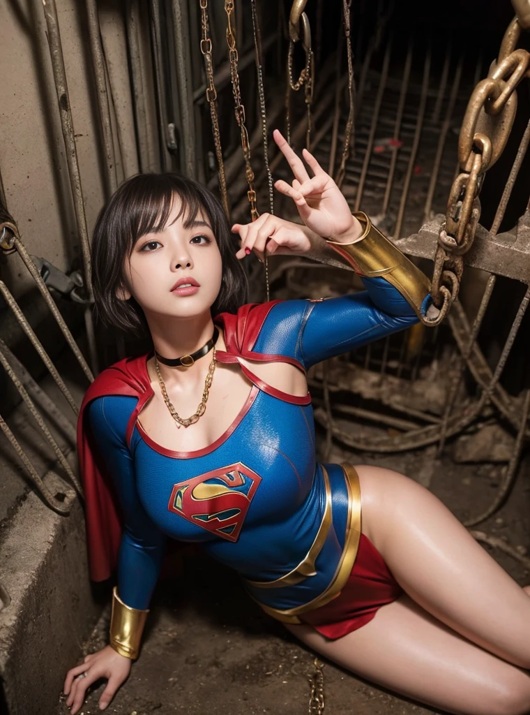 masterpiece、supergirl costume、short hair、barefoot、big and full breasts、Crisis situation、Complete surrender、prison、in a cage、torture、kneel down、sweaty、shiny、looking at camera、Seduce、choker、long sleeve、red sexy pose、POW camps、humiliating