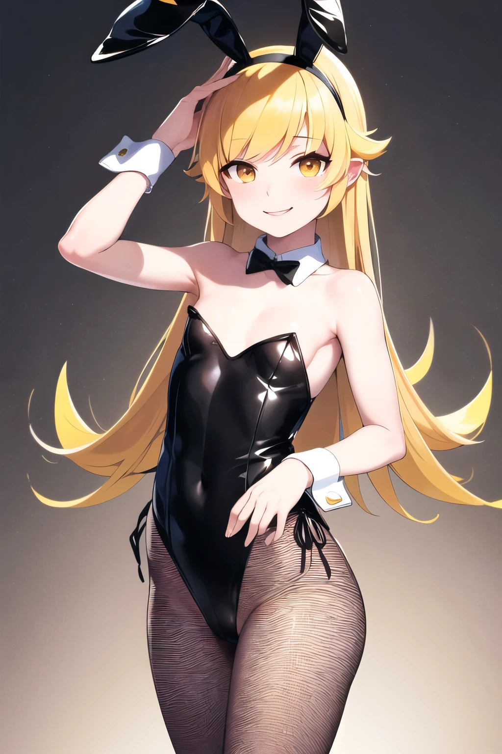 masterpiece, Highest quality, High resolution, (oshino shinobu), petite, Dilapidated, Long Hair, Pointed Ears, smile, (flat chest), (fake rabbit ears), (black enamel playboy bunny:1.5), (The material of the Playboy Bunny is smooth) (Fishnet tights), Expressionless, Are standing, Cowboy Shot, Remains, casino,