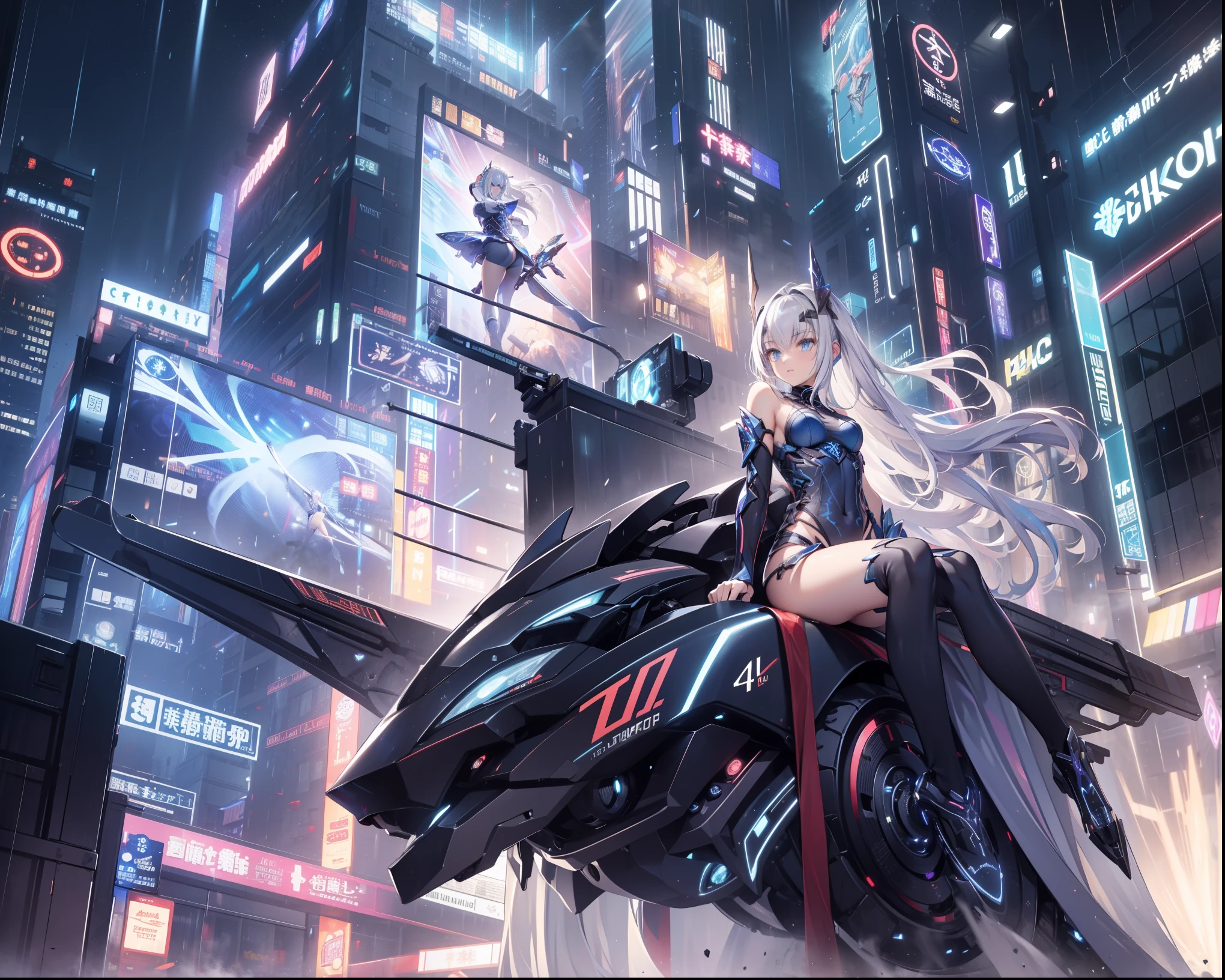 (((​masterpiece)))、(((top-quality)))、((ultra-definition))、(High Definition CG Illustration)、((extremely delicate and beautiful))、(From Side)、Cinematic Light、cyberpunked、Cyber City、steampunc、2050s、animesque、girl with、trending on artstationh、Rachel Walker、