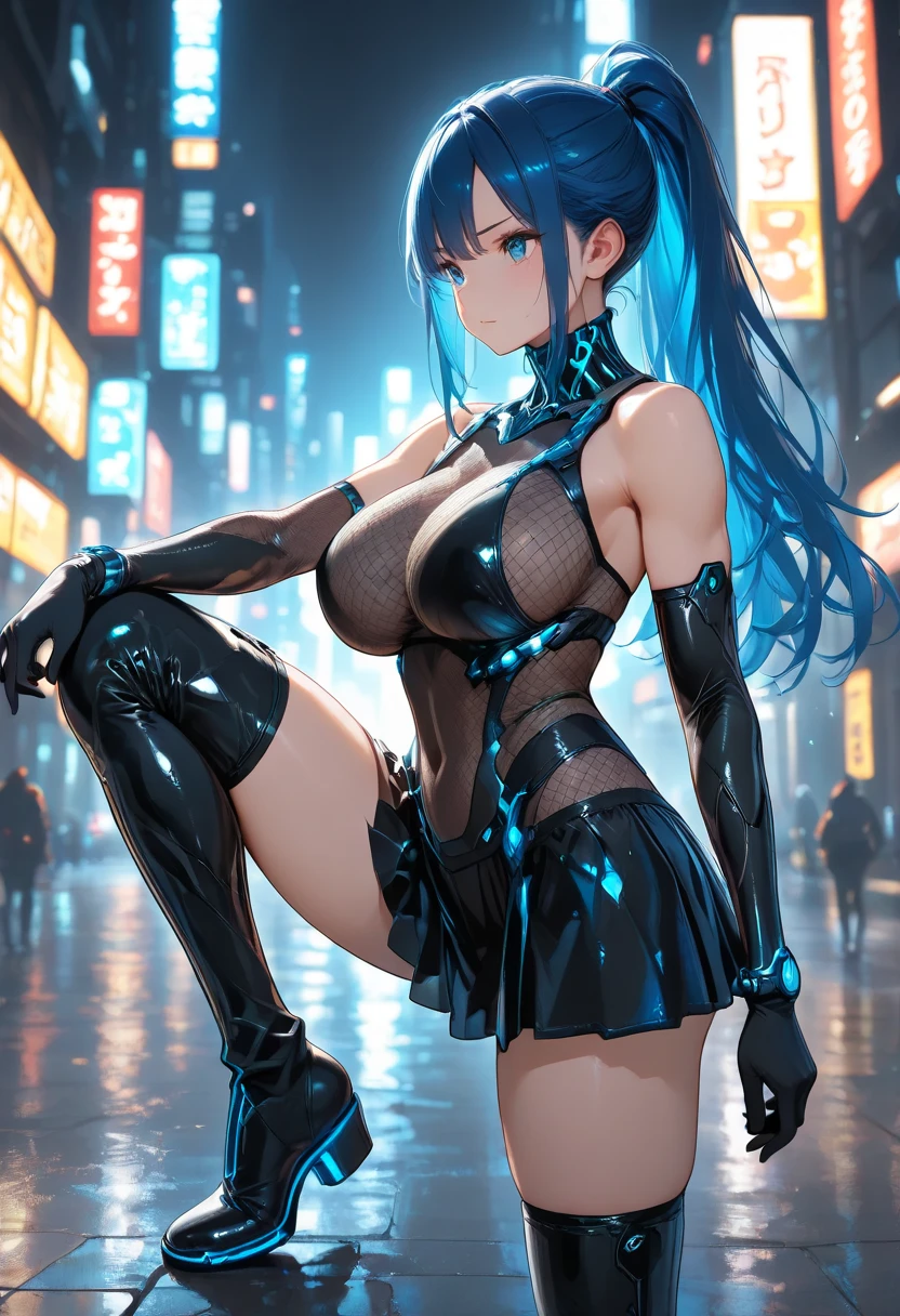 1girl, (solo:1.2), ((masterpiece)), [slim], (small breasts), pale skin, ((detailed eyes)), (bokeh effect), (dynamic angle), dynamic pose, futuristic cityscape with glowy neon lights and flying cars in the distance, soulful eyes, smattering of freckles across her nose, a flowing, transparent tunic made of shimmering silk that clings to her lithe body, topped with a pair of sleek boots. Her arm is adorned with a sparkling, blue-tinted bracelet, with a matching necklace draped around her neck