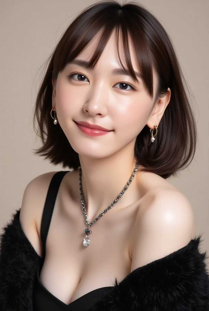 (highest quality, 8k, 32k, masterpiece, Ultra-high resolution:1.2),Beautiful Japanese Women Photos, Large Breasts, Very short bob hair,Upper Body,Face Focus,Extra Large_sweater, necklace, Simple Background, From above, View audience,