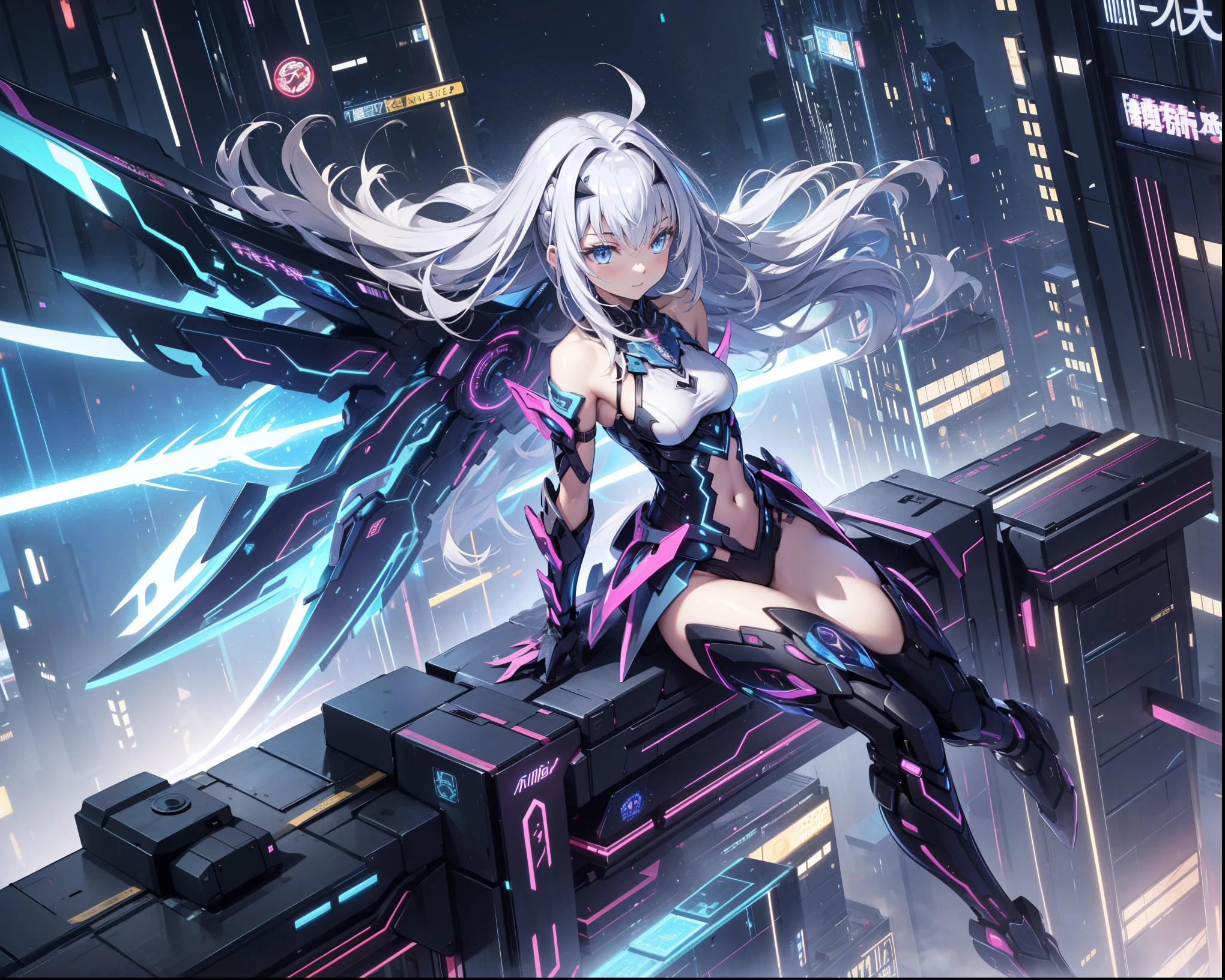 ( Highest quality,4K, 8,000, high resolution, masterpiece :1.2), very good , girl ,Holy,( long silver white hair ), blue eyes ,obsessed, Elegant posture ,玩得 happy ,in love, cute cloth , Detailed clothes ,pattern,Swimsuit, happy , Sci-fi city , alone , Small amount of armor ,confrontation,rain, sci-fi combat costume ,Fight against the mechanical Black Dragon,Thunder and Lightning