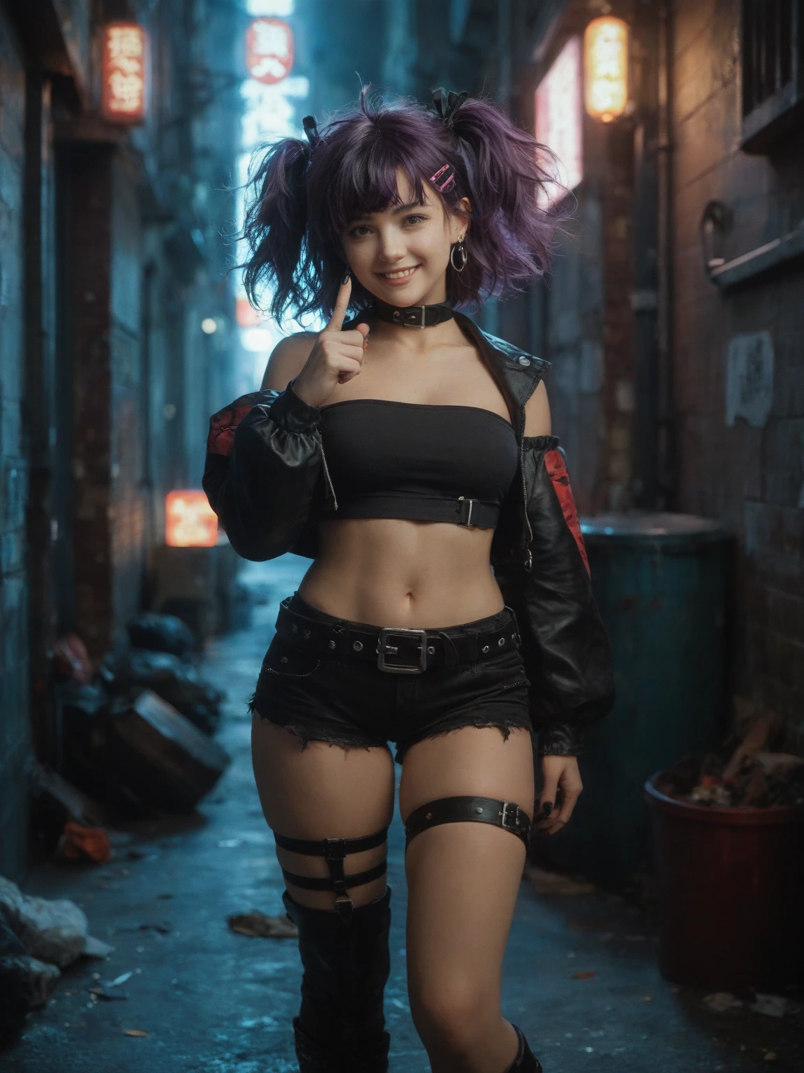 Woman, One, 30 Years old, Jacket, Sport Bra, Tight top, Office pants, Mini skirt, Intricate clothes, Fit, Modern tattoos, Piercing, Small breasts, Natural breasts, Fit thighs, Blue skin, Narrow jaw, Japanese, Mechanical, Cyberpunk city, Office, Open mouth, Ash hair, Blue hair, Multicolor hair, Black hair, Short hair, Straight hair, Messy hair, Laboratory, Dimly lit, Cinematic light, Dark scene