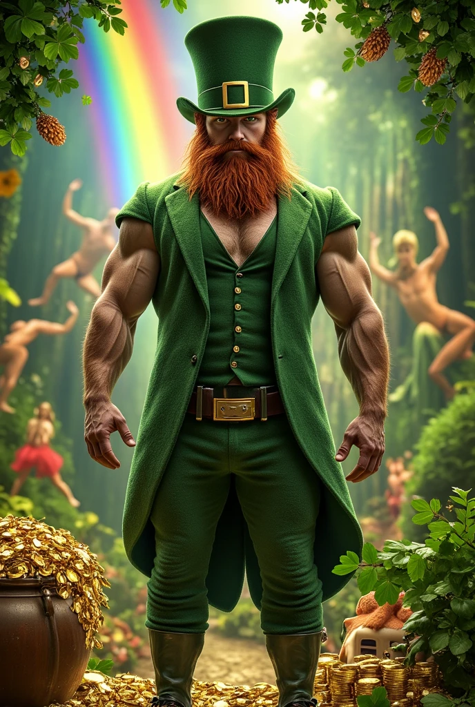 A portrait of a leprechaun belissimo, ((leprechun)) male face, (( without shirt)), (( looking for camera), (( Man full body of 18 years)),, charming and sexy, Friendly and mischievous, (( Green cardboard with a four-leaf trevo spotted on the edge)), Bobo, beard and smile, (( Rainbow and the Pot of Gold) ), ((magical creatures)), (SPIRITS, Fairies, Leprechaum) )), ((Legends of Fairy)), Villanious, Homen Hot whole hot body, ((sculptural body, large and strong chest, muscular legs, various positions)), Background Celtic Magic Forest, Frank Kelly Freas, Karol Bak's style (( beautiful face), ((beautiful face)),)) Ultra Definition, best quality, ultra 32k, ultra hd