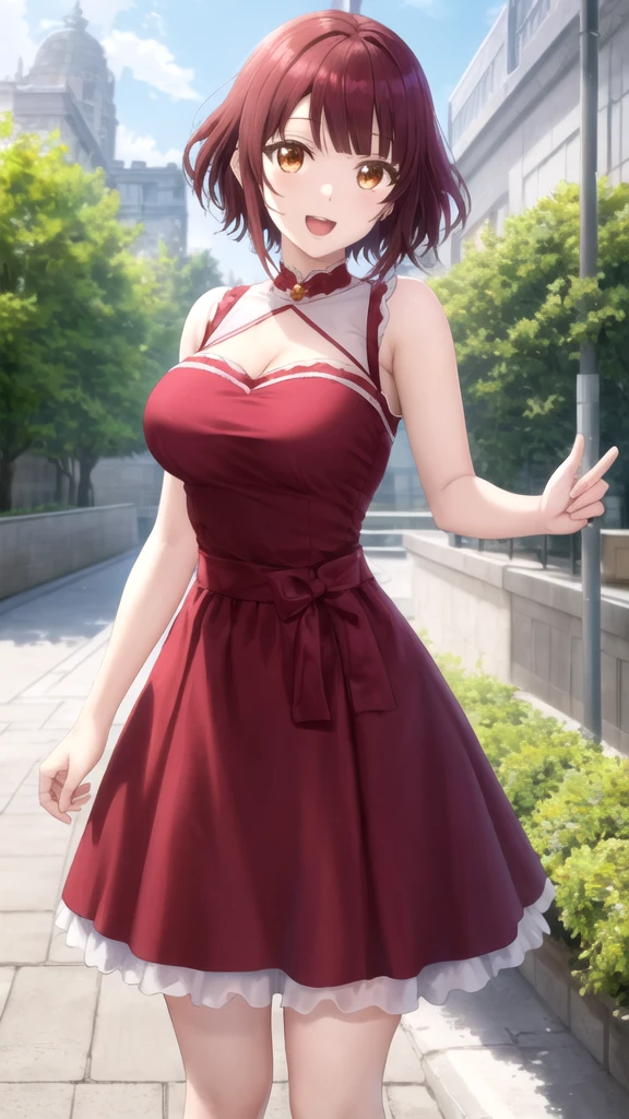 long wavy hair, vibrant fiery red hair, skinny, gigantic breasts, 2 breasts, anime girl, elegant red dress, erect nipples poking through dress, black high heels