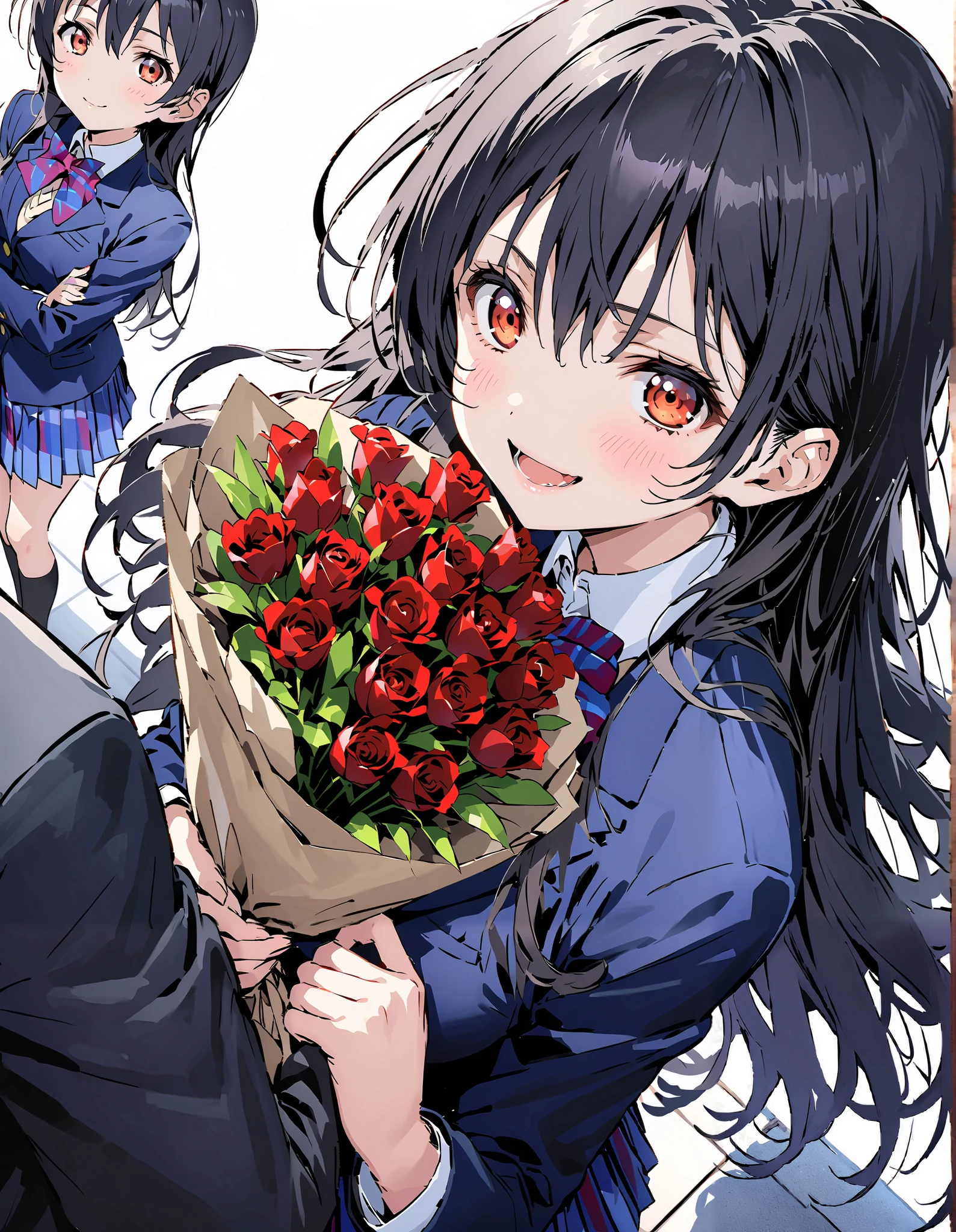 score_9, score_8_up, score_7_up, source_anime, Sonoda Umi , long hair, bungs, Between the eyebrows, Green Hair,long straight hair, school uniform, jacket, blazer from above the bar, Winter uniform, otonokizaka school uniform,is standing,Holding a bouquet in both arms, both eyes,big smiles,smile,blushes,open their mouths,上半身がillustration for both eyesに入るように,white plain background:1.3,
break (masterpiece:1.2), top quality, high resolution, Unity 8K Wallpaper , (illustration for both eyes:0.8), very detailed face, perfect lighting, extremely detailed CG, (perfect hand, perfect anatomy),