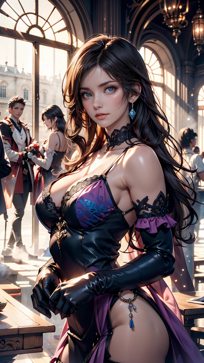 Paris、Moulin Rouge、Elegant black and purple queen&#39;s dress and high-neck lace blouse、French woman、White、Silver Hair、blue eyes、Wavy hair、Smile