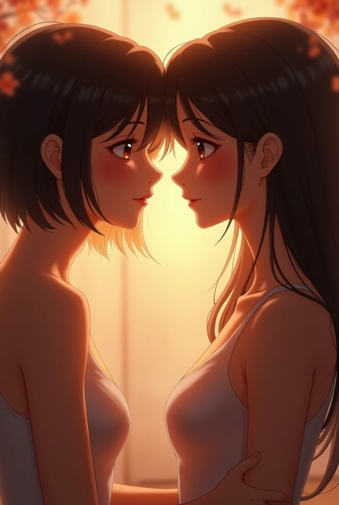 nsfw, Masterpiece, top quality, highly detailed, (chiaroscuro style:1.4), (realistic style:0.8), backlighting, two beautiful girls, young beautiful mature lesbian couple,
(Completely naked:1.8),
sweaty bare skin,
(put their faces together and shyly smile at the camera:1.2), upper body shot,
Close-up of their naked bust, at the tropical beach in dark sunset under palm trees,