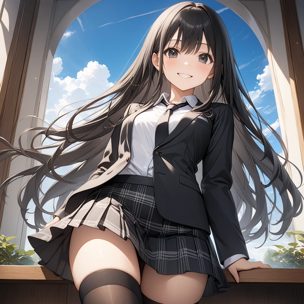 ((tampo da mesa, mais alta qualidade, high resolution, nffsw, pixel perfeito, 4K, nffsw, nffsw))), 1 garota, solteiro, sozinho, Mulher bonita、Eu pude ver todo o corpo、 ((mid wave hair, franja, cabelo castanho)), ((olhos castanhos, Beautiful eyelashes, realista eyes)), ((rosto detalhado, corar:1.2)), ((Textura suave:0.75, realista texture:0.65, realista:1.1, estilo CG de anime)), medium breasts, dynamic angle, corpo perfeito, ((gravata borboleta vermelha, , Jaqueta preta, jaqueta aberta, brown cardigan, camisa branca, Saia preta, saia xadrez)), escadas da cidade、Olhando para cima da parte inferior da escada、Very embarrassing panic smile, looked back、Incline-se para frente、(The wind blew my skirt and exposed my ass.、Segure sua bunda com pressa、calcinha de renda rosa:1.3)