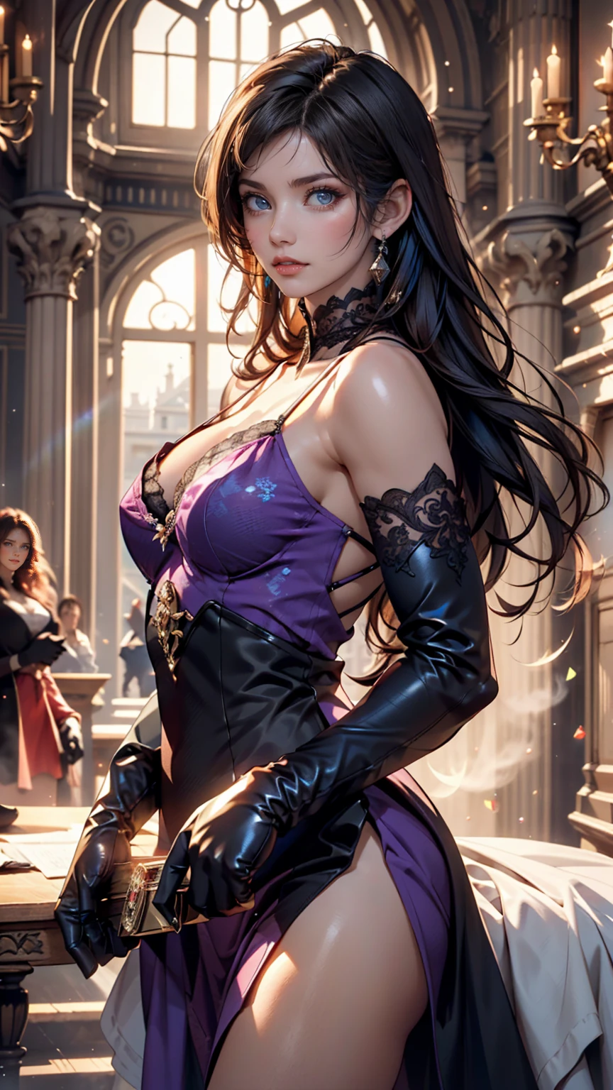 8K,beautiful and very big breasts(demon woman:1)portraitures:1.5)A picture of hell with a castle and a horde of demons(((masterpiece)))、((top-quality))、realisitic、Gorgeous jet black and purple Demon Slayer exterior、slender muscular female body,A sexy,Purple eyes,ultra-detailliert、Crazy smile、landscapes、concept-art、exceptionally detailed RAW color photo、Side Angle、(lensflare:0.7)、Particle effect、Ray traching、cinematlic lighting、Shallow depth of field、photographed on a Sony Alpha 1、50mm wide angle lens、foco nítido、Cinematic Film Still、 dynamicposes、、(realisitic:1.3)、超A high resolution,Fangs in the mouth,long purple nails,enticing,Emphasizes cleavage,A gaze that seduces viewers,