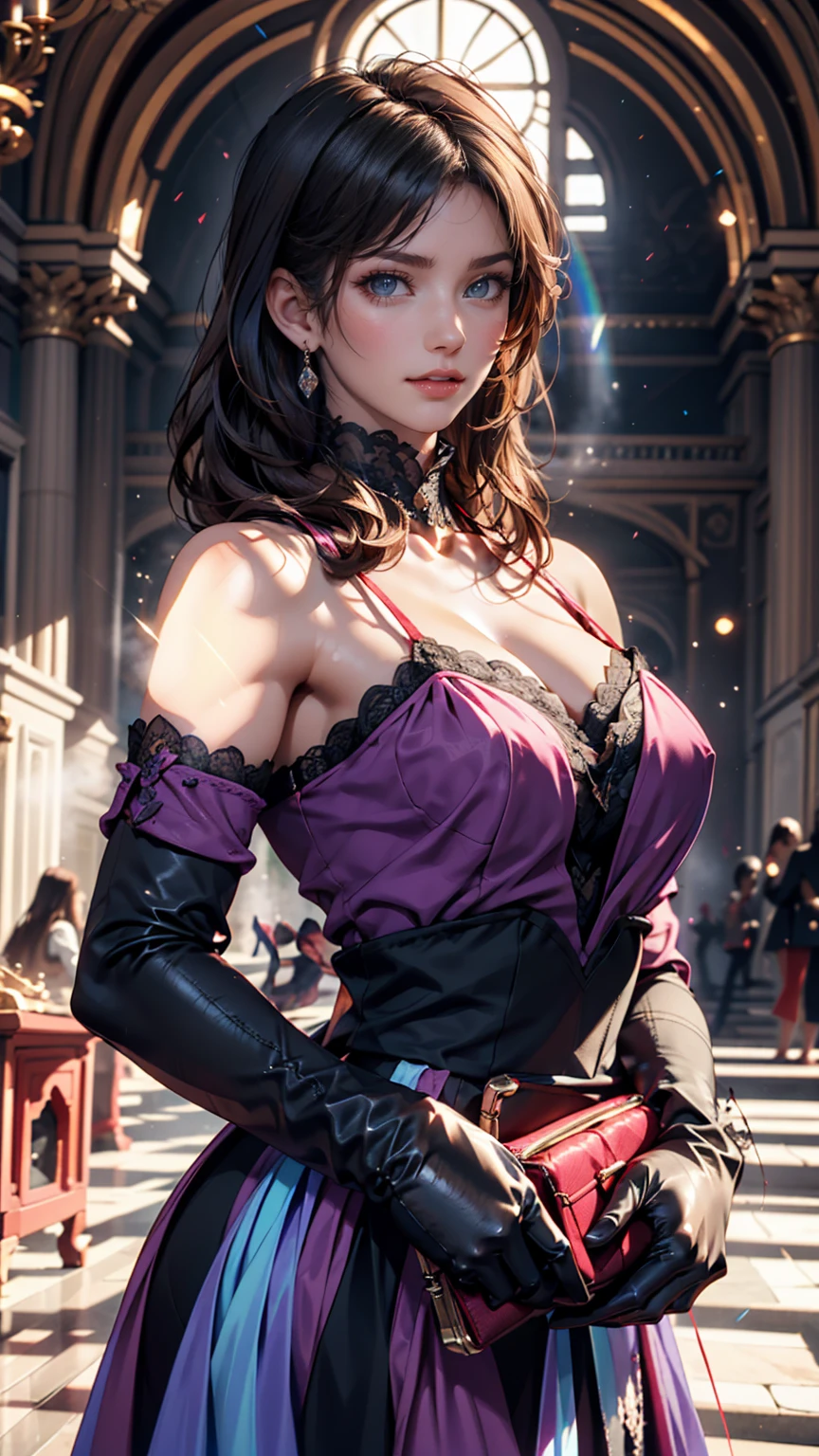 masterpiece, Highest quality,Kentucky Fried Chicken, One girl, 前hair, just_shoulder, skirt, chest, gloves, jewelry, big_chest, length_hair, length_sleeve, pantyhose, purple_eye, purple_hair, shirt, alone,Audience,sunglasses,bikini, (sun, cloud,A renaissance city on the waterfront,Outdoor :1.1),Rendering with Blender((Isoscale))、Sexy proportions、Narrow waist、Erotic female body、Long eyelashes、Dark eyeshadow