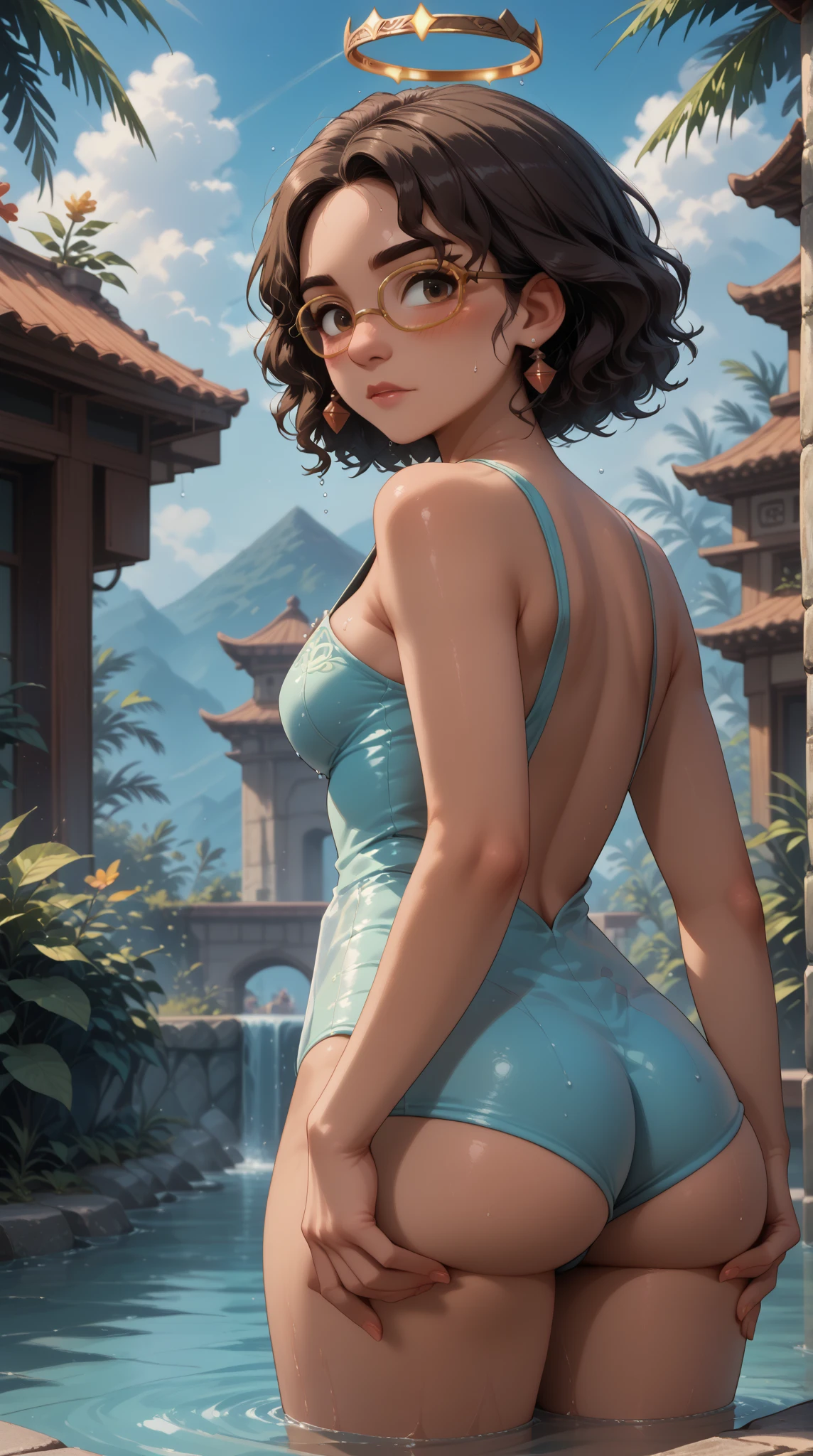 Highest quality, masterpiece, Ultra-high resolution, (Realistic:1.4), RAW Photos, Intricate details, Big beautiful eyes, Perfect contours, masterpiece, One Girl, (()), Braided Bob, (aerial view:2), (perky breasts:1.5, high breasts:1.5), (curvy waist:1.5), Competitive swimmer, (one piece:1.5, turtleneck, Sleeveless swimsuit, Tight leather boots), ((Metallic Green Swimsuit:1.5)), ((tight high leg swimsuit:1.5)), ((shoot from behind:2, looking away:2)), Portraiture, ((Standing on the edge of a cliff:1.5, Hesitant to jump:1.5, Incredibly high sheer cliffs:1.5, Stand at the highest point overlooking the surrounding area, peer down the cliff)), (Anxious expression、His mouth is twitching with fear), Wet Skin, (Underarm)、Nothing in my hands、