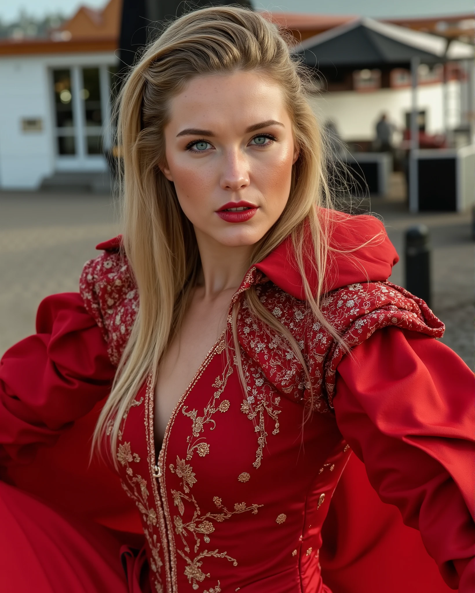 light blue blond eyes, Mature woman wearing scarlet sorceress costume style clothes, , Gothic red makeup , , luxurious colors, , luxury yacht,