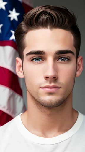 1 man, Beautiful eyes and face details, shirtless, nice body and defined muscles, best quality, Close-up, toned body, (male model) hot skin, master piece, Best qualities, Most beautiful man in the world, Handsome Man with American Flag on his background, full body shot,