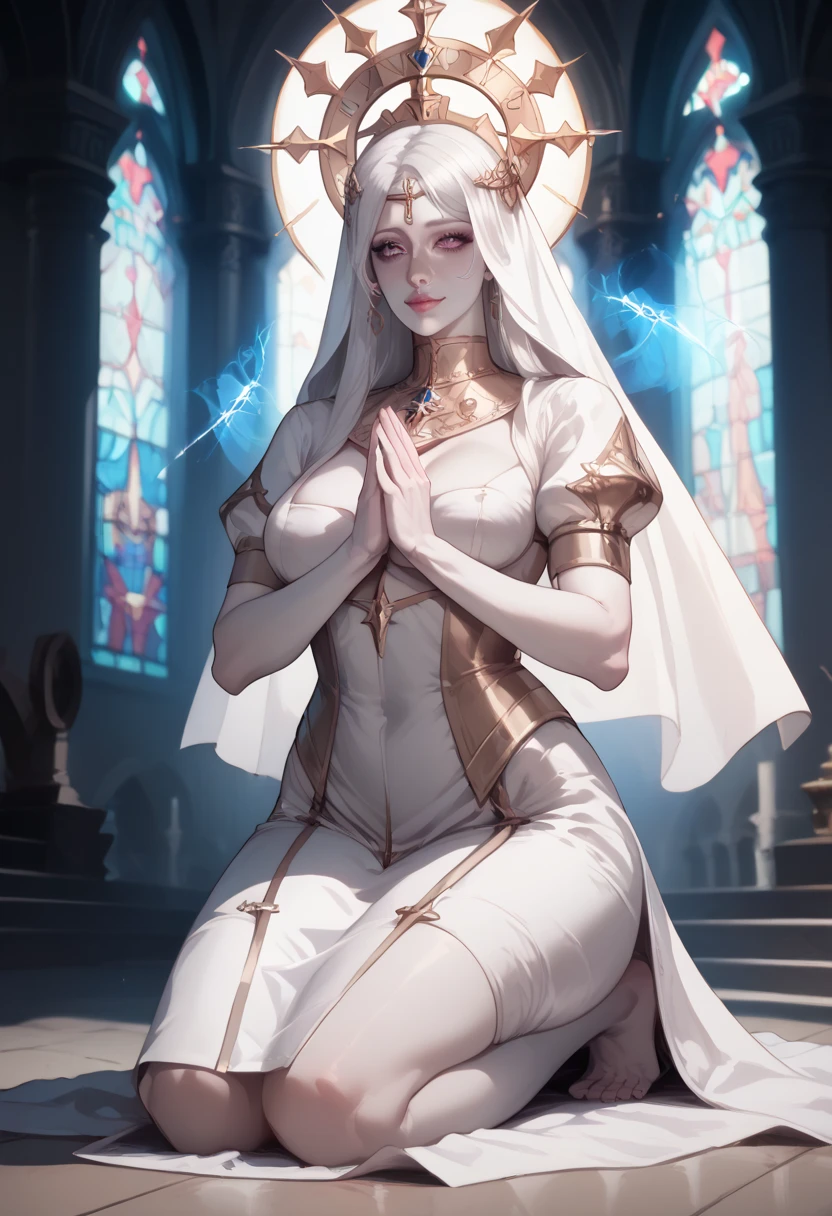 (high resolution, The pixels are perfect, luxurious illustration), (hyper qualit, Masterpiece, Ethereal: 1.4), (((see-through tabard:1.4)))，nun,(((Completely naked )))，in  church，((open leg))， ((bare Cameltoe))，mature female，Black areola,female public hair，(((Breasts seem to overflow from the tabard)))，wetted skin， Armpit hairy，(((A MILF: 1.4))), (Curvy:1.35),((((Dark skin))))，long hair，Curvy physique,  Thick body,((Sexual suggestiveness))，Seductive smile，high-heels