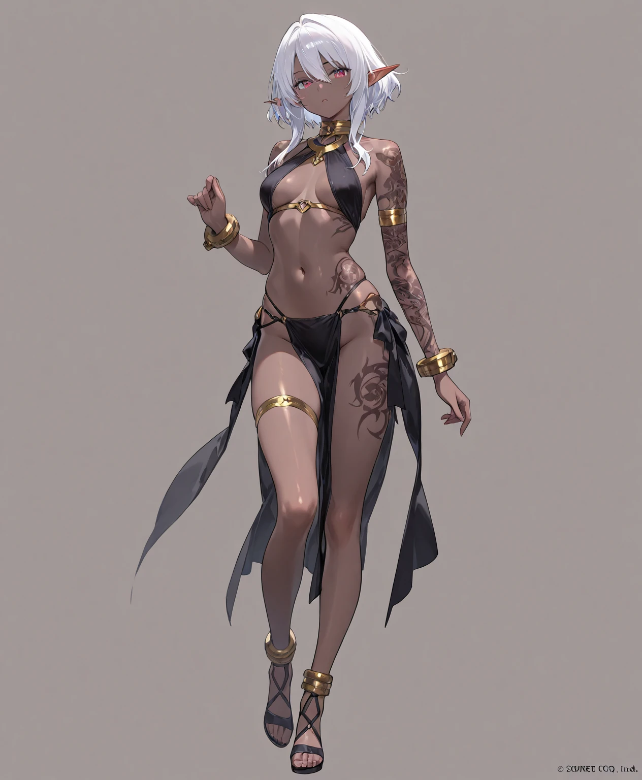 Two long thighs, yellow eyes, blonde hair, short hair, large breasts, detached sleeves, very white background, royal tiara, long cape, yellow tiger bikini, high heels, hands on hips. red tattoo on belly navel, full body female MILF BIMBO, lustful smirking smile face (red blush), metal shoulders, golden bracers sleeveless, black choker sex slave, white background