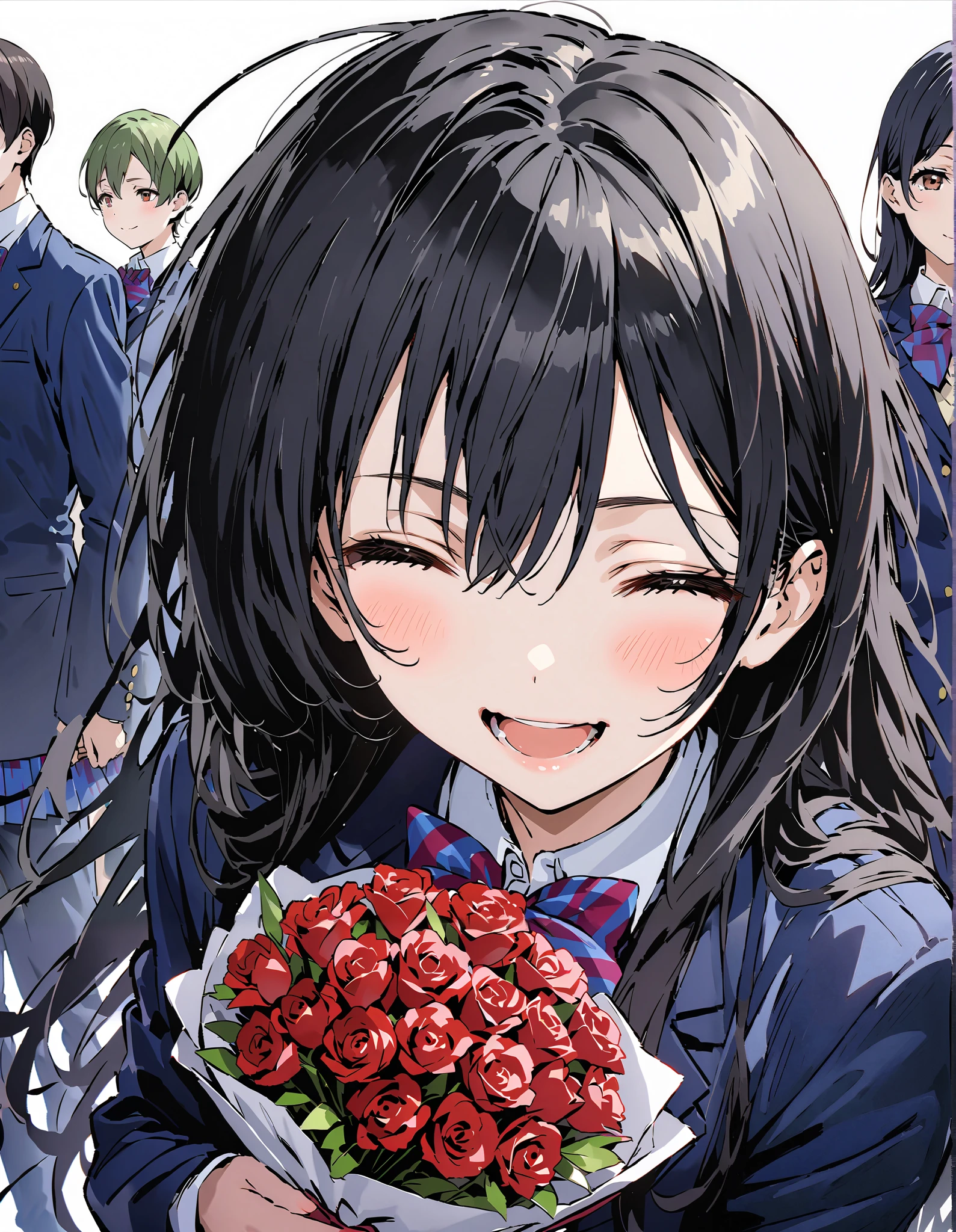 score_9, score_8_up, score_7_up,  source_anime,  Sonoda Umi  , Alone,long hair, bungs, Between the eyebrows, Green Hair,long straight hair, school uniform, jacket, blazer from above the bar, Winter uniform, otonokizaka school uniform,is standing,Holding a bouquet in both arms, both eyes,big smile,smile,blushes,open their mouths,上半身がillustration for both eyesに入るように,white plain background:1.3,
break (masterpiece:1.2), top quality, high resolution,  Unity 8K Wallpaper , (illustration for both eyes:0.8), very detailed face,  perfect lighting, extremely detailed CG, (perfect hand, perfect anatomy),