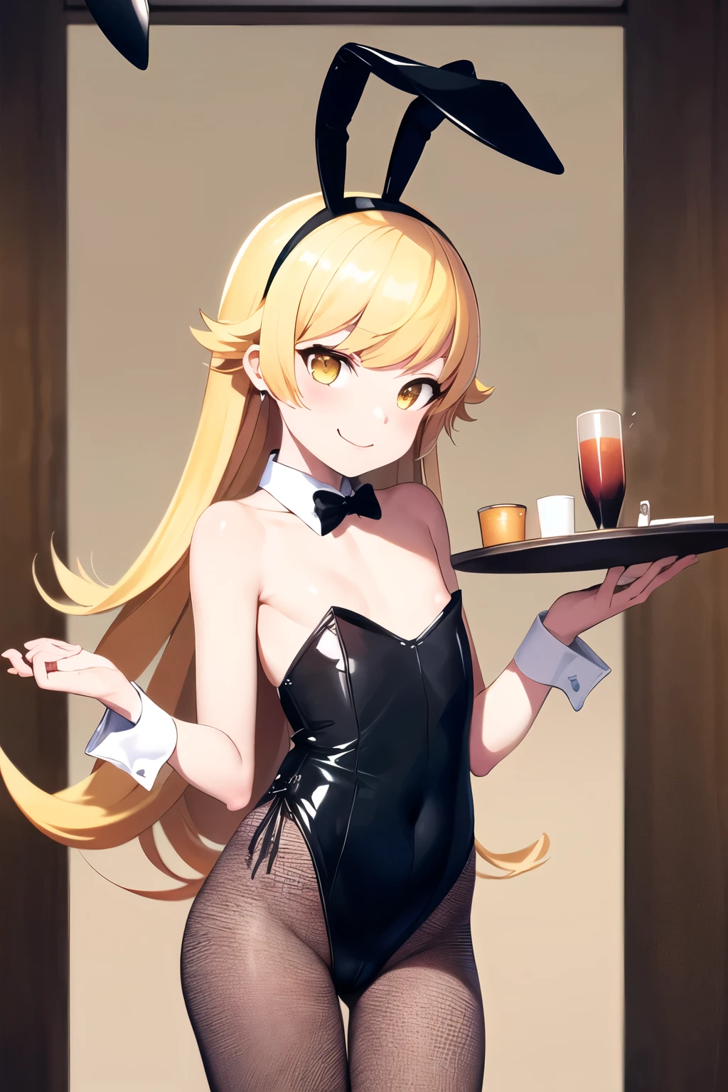 masterpiece, Highest quality, High resolution, (oshino shinobu), ite, Dilapidated, Long Hair, Pointed Ears, smile, (flat chest), (fake rabbit ears), (black enamel playboy bunny:1.5), (The material of the Playboy Bunny is smooth) (Fishnet tights), (holding tray), Expressionless, Are standing, Cowboy Shot, Remains, casino,