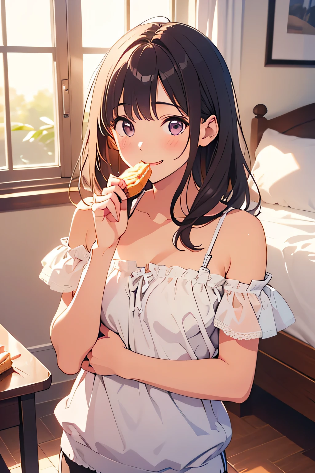 ((アニメ)) there is a woman laying on the floor comendo a donut, Beautiful Delfina, eating cakes, about to consume you, tinspirado em desenho アニメ,, very low quality image, captured by thin and highly colored strokes, high color variation, sharp contrast, shadow and light (fancy)